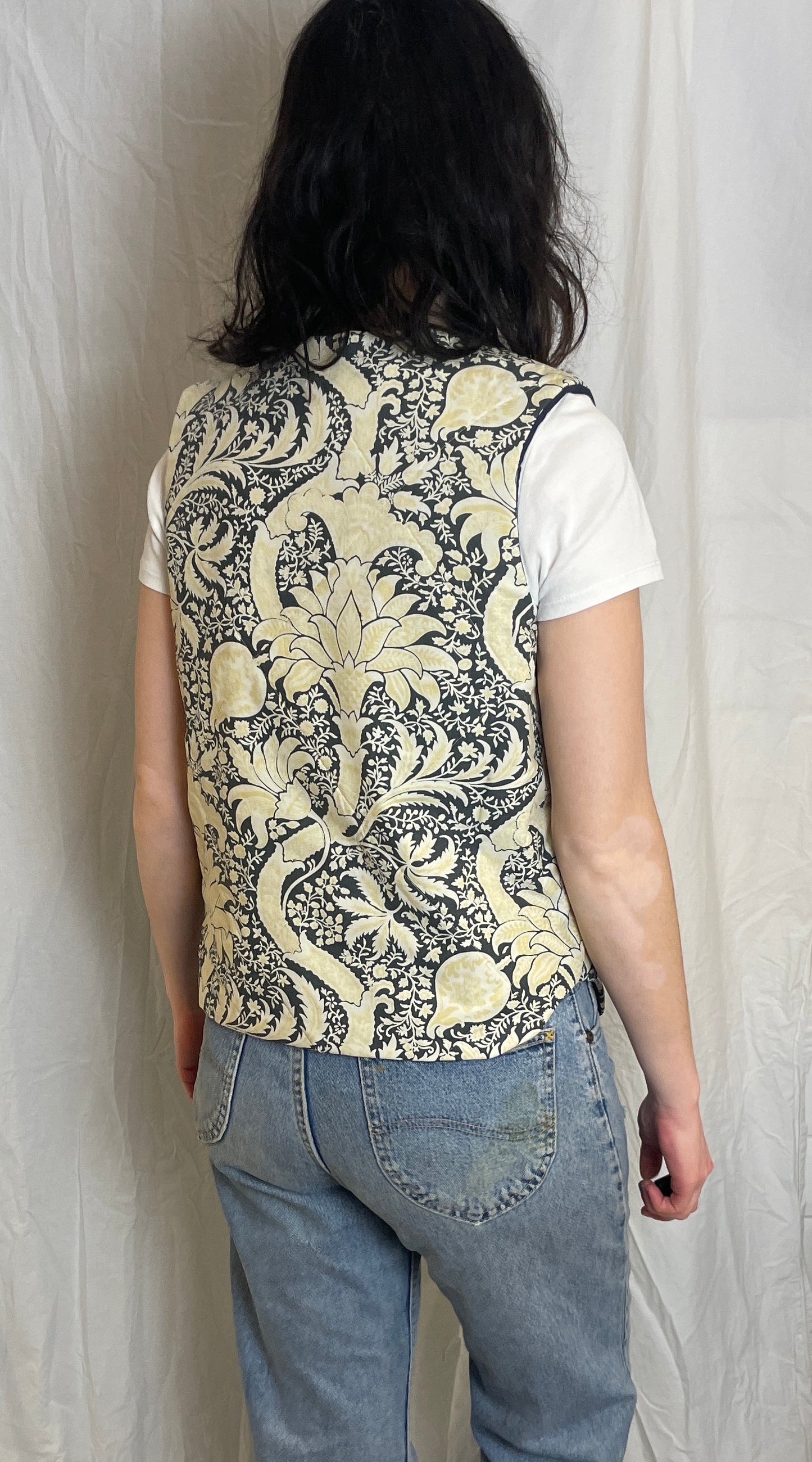 Zoe Handmade Navy Blue and Yellow Floral Tie Front Quilted Vest Gilet - Up To Size 12