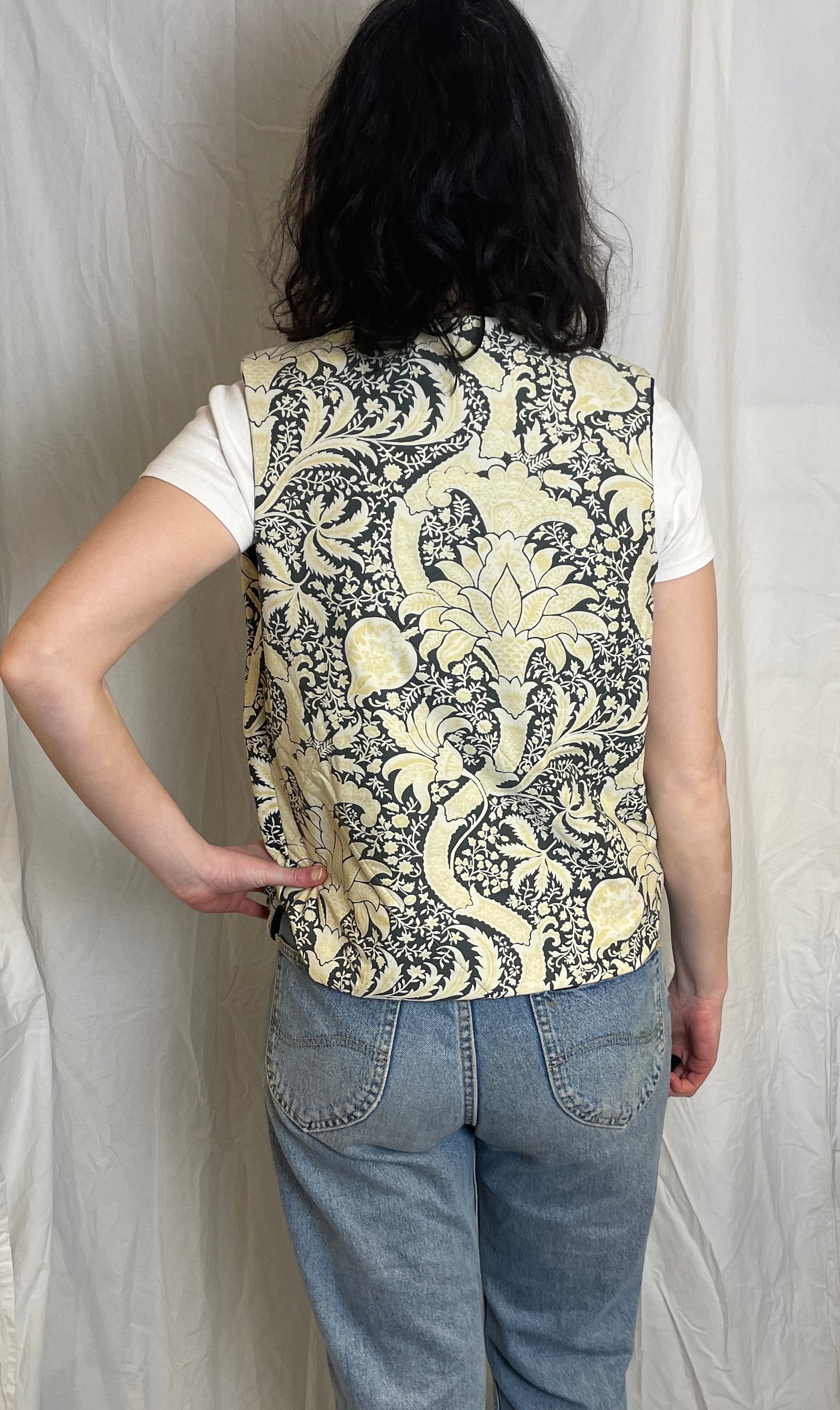 Zoe Handmade Navy Blue and Yellow Floral Tie Front Quilted Vest Gilet - Up To Size 12