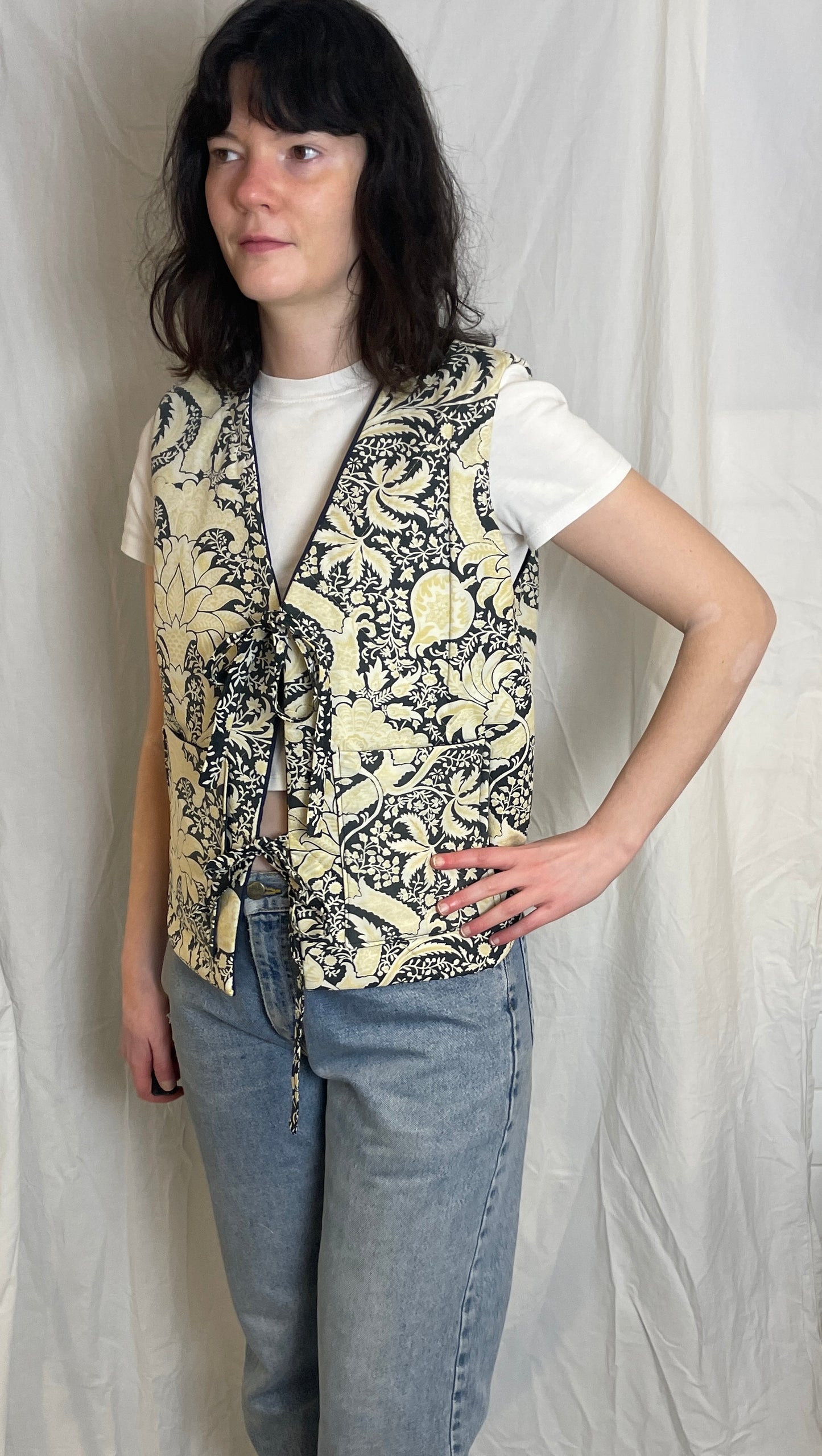 Zoe Handmade Navy Blue and Yellow Floral Tie Front Quilted Vest Gilet - Up To Size 12