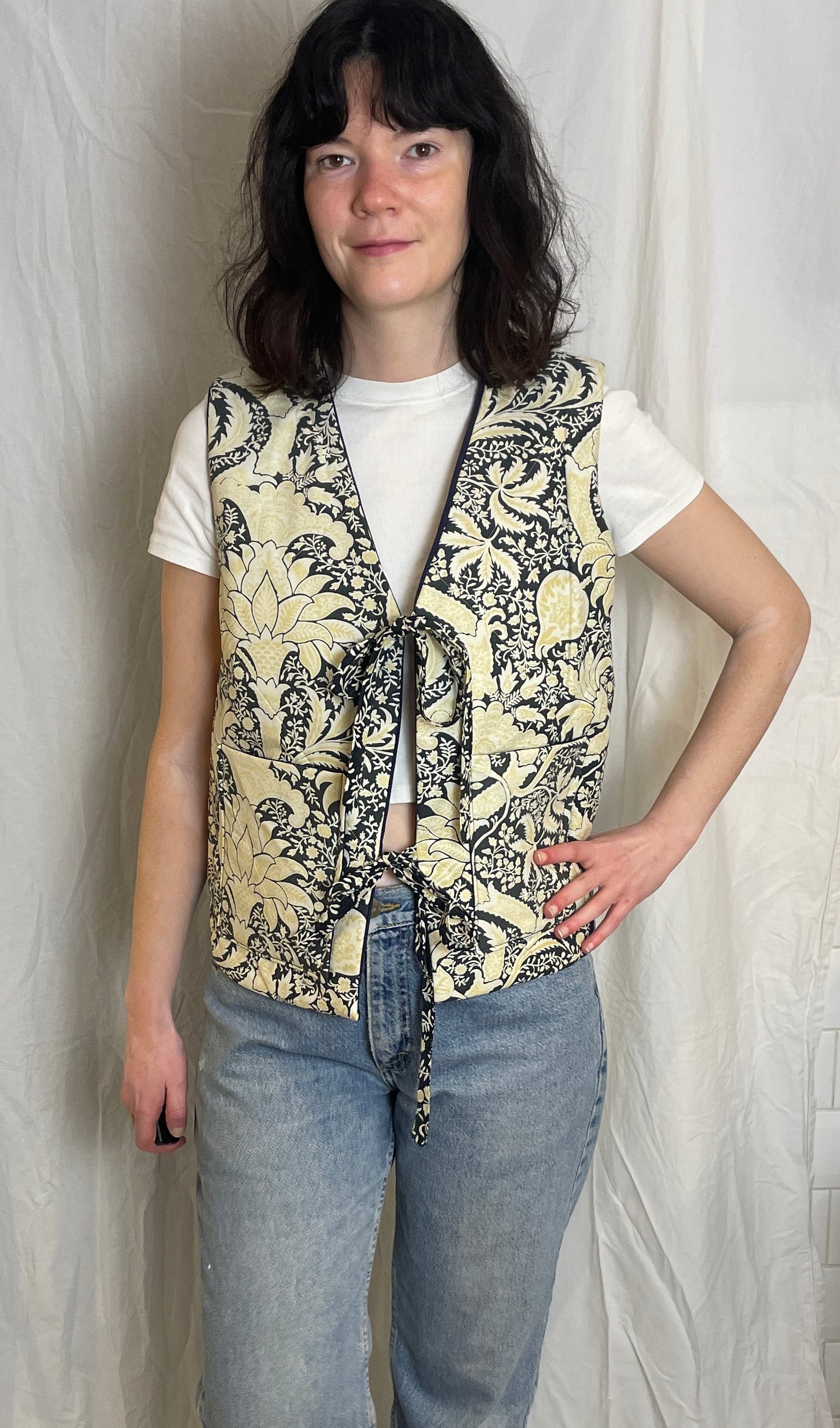 Zoe Handmade Navy Blue and Yellow Floral Tie Front Quilted Vest Gilet - Up To Size 12