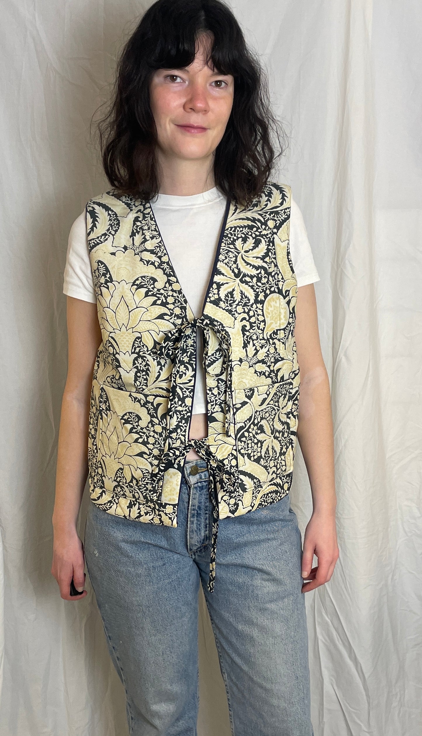 Zoe Handmade Navy Blue and Yellow Floral Tie Front Quilted Vest Gilet - Up To Size 12