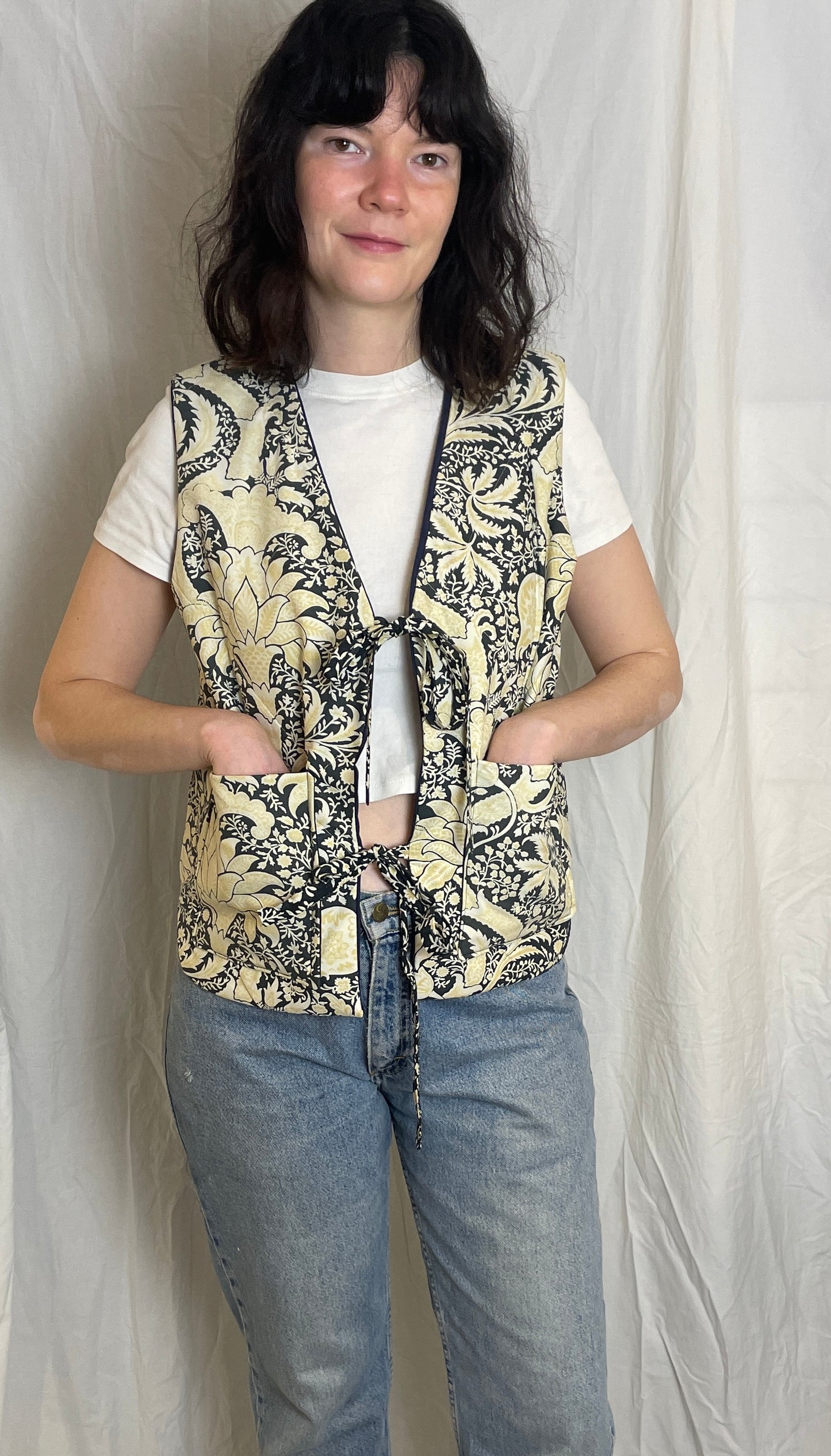 Zoe Handmade Navy Blue and Yellow Floral Tie Front Quilted Vest Gilet - Up To Size 12