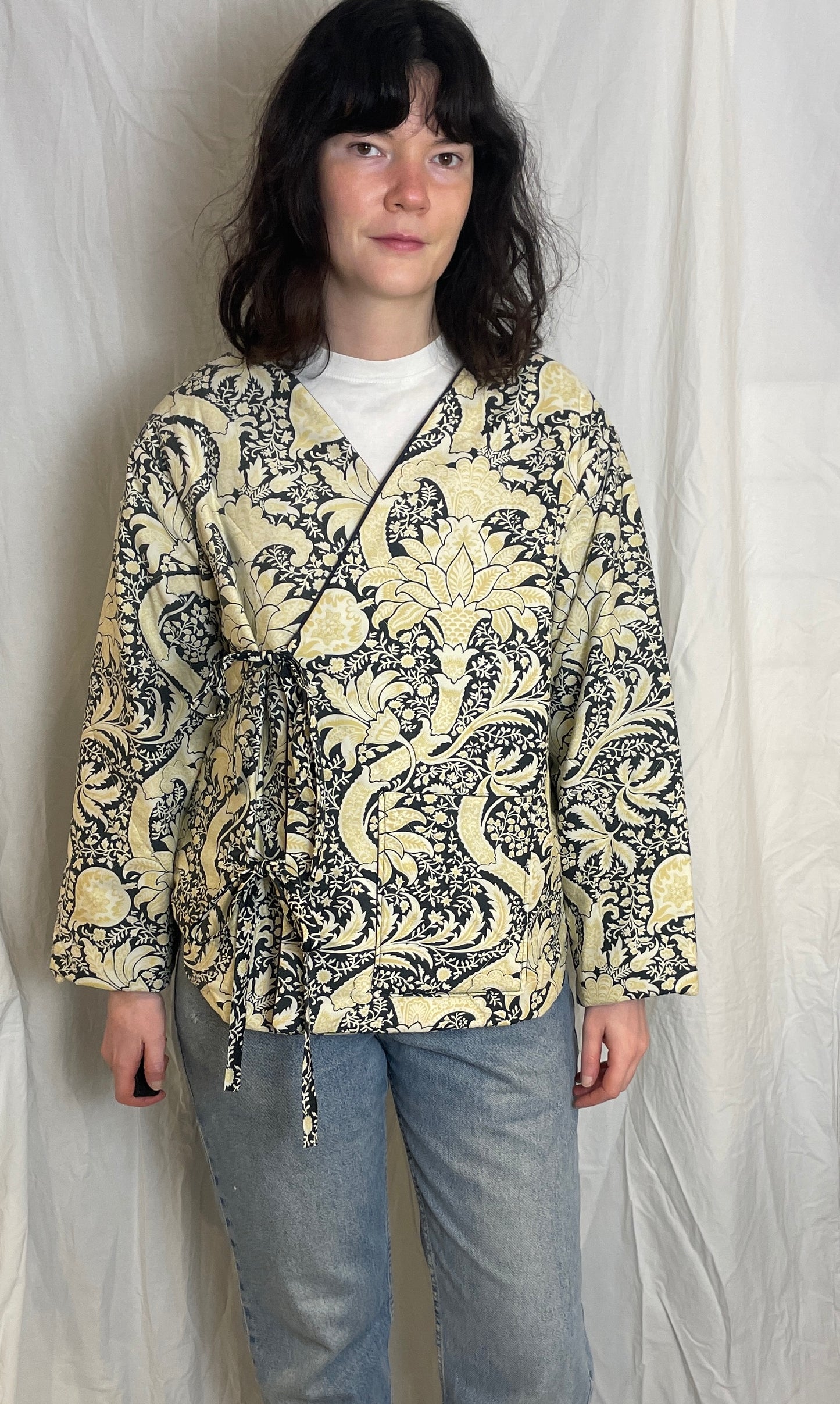 Zoe Handmade Navy Blue and Yellow Floral Wrap Front Quilted Jacket - Up To Size 14