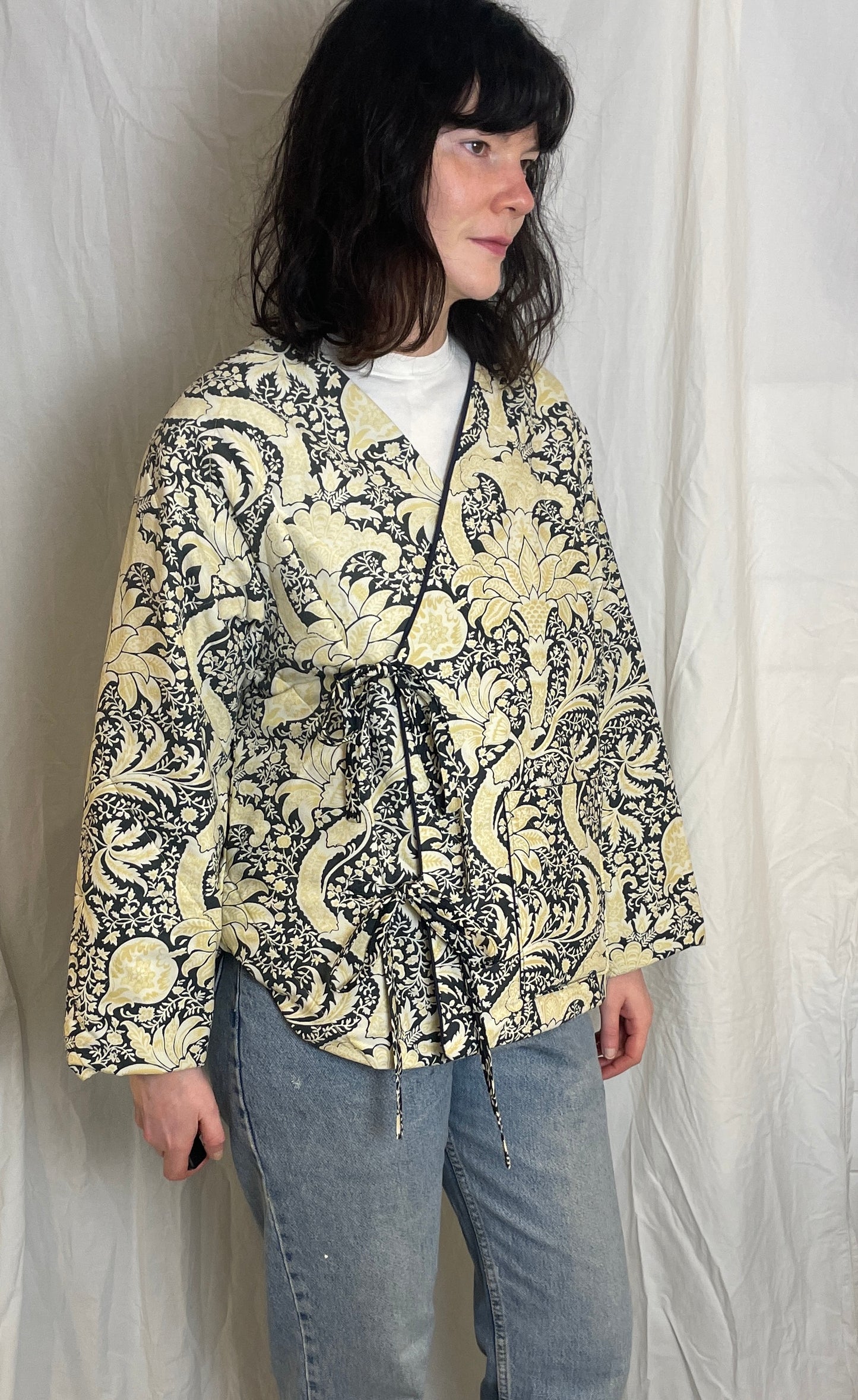 Zoe Handmade Navy Blue and Yellow Floral Wrap Front Quilted Jacket - Up To Size 14