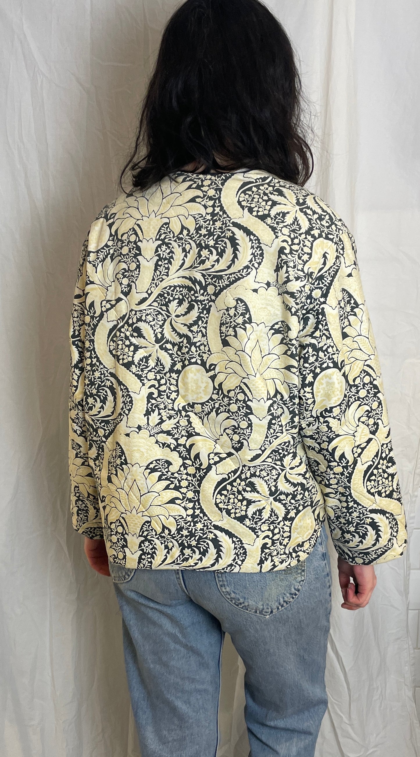 Zoe Handmade Navy Blue and Yellow Floral Wrap Front Quilted Jacket - Up To Size 14