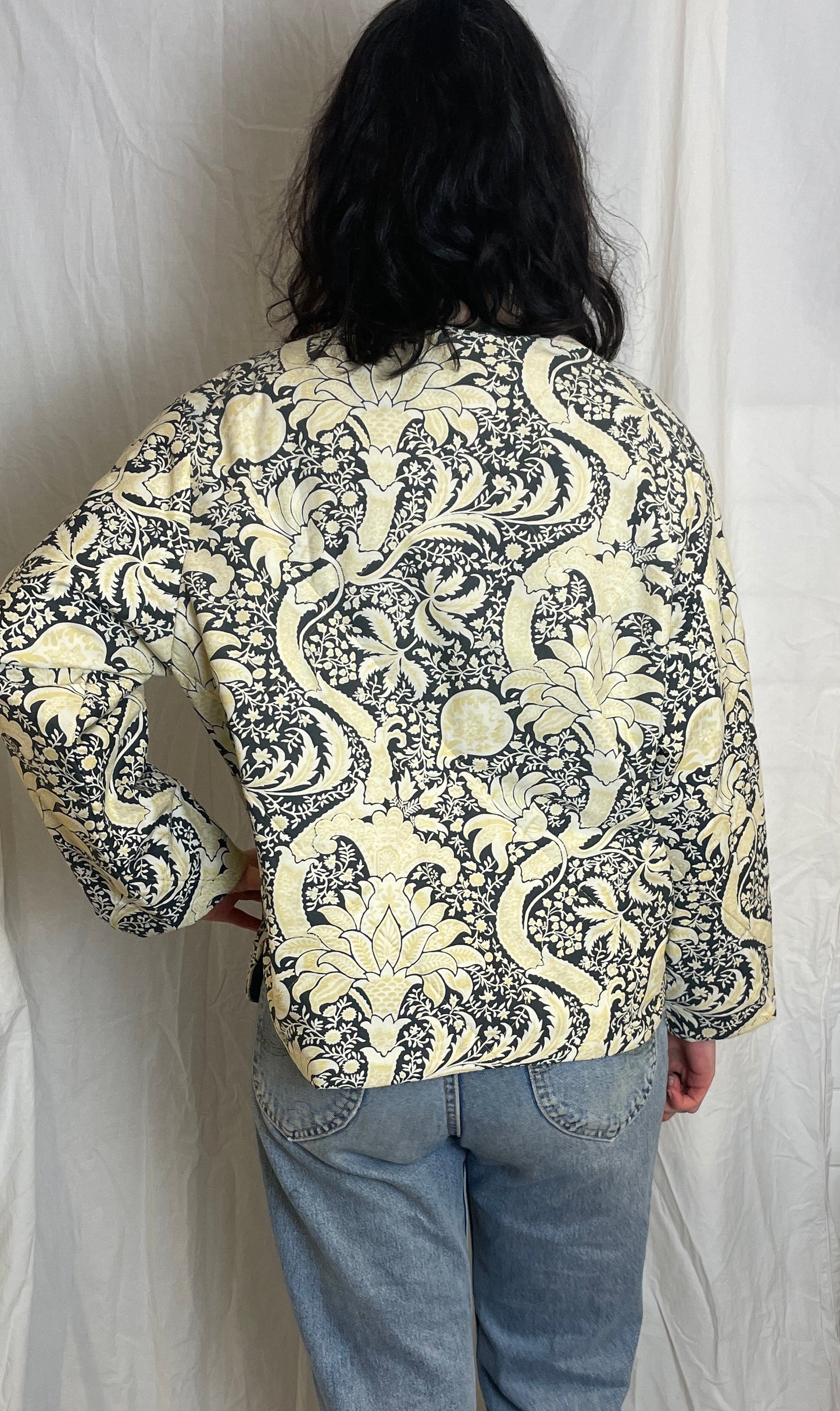 Zoe Handmade Navy Blue and Yellow Floral Wrap Front Quilted Jacket - Up To Size 14