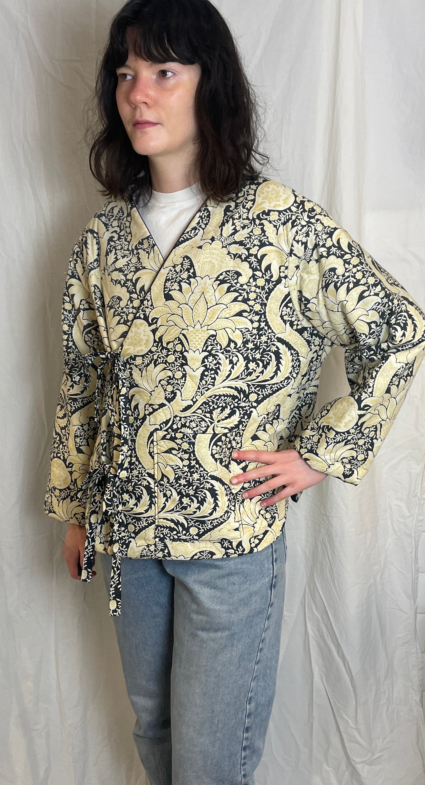 Zoe Handmade Navy Blue and Yellow Floral Wrap Front Quilted Jacket - Up To Size 14