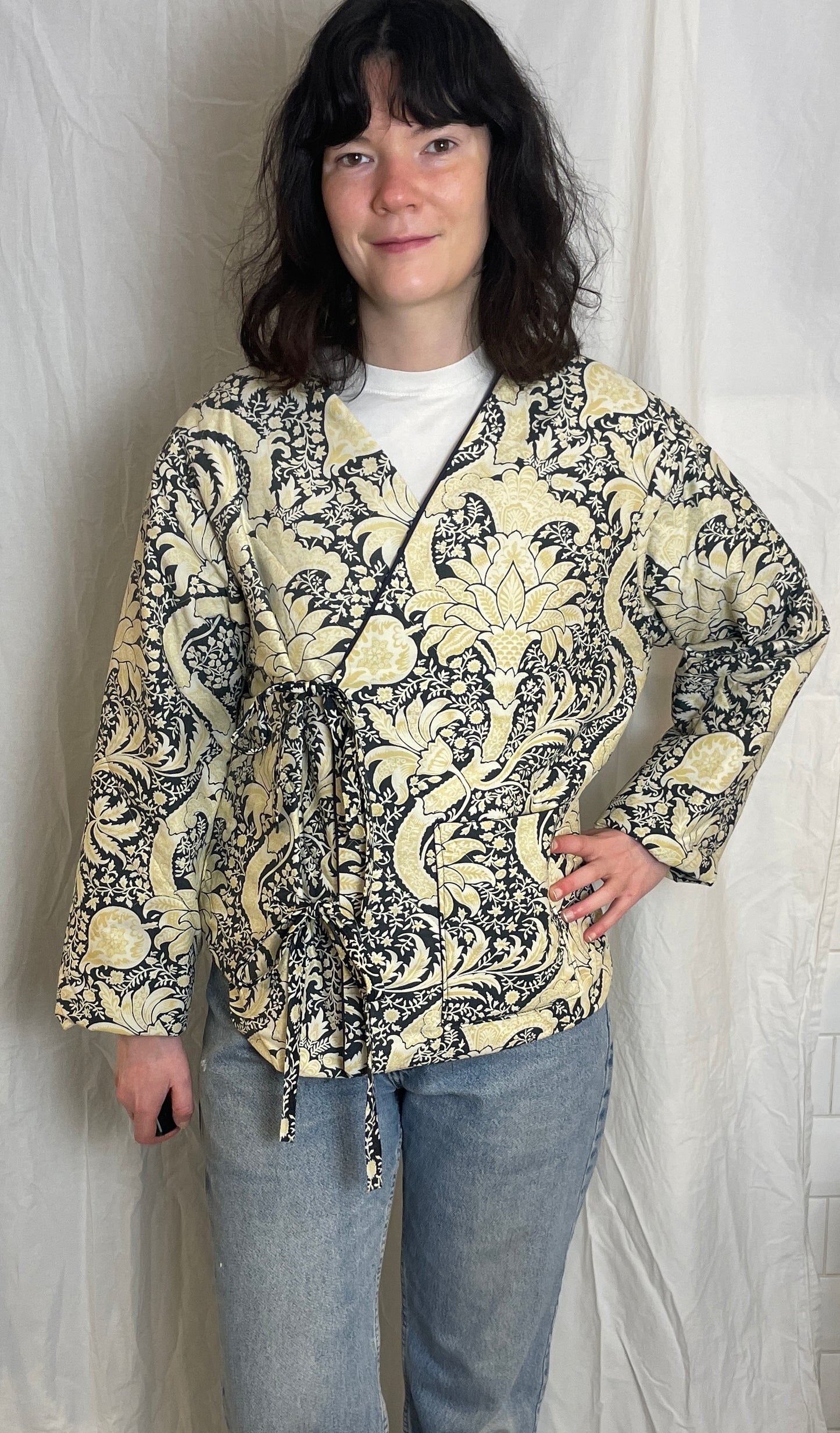 Zoe Handmade Navy Blue and Yellow Floral Wrap Front Quilted Jacket - Up To Size 14