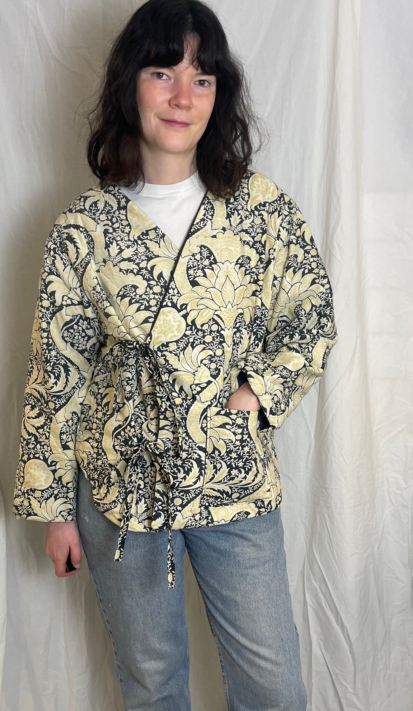 Zoe Handmade Navy Blue and Yellow Floral Wrap Front Quilted Jacket - Up To Size 14