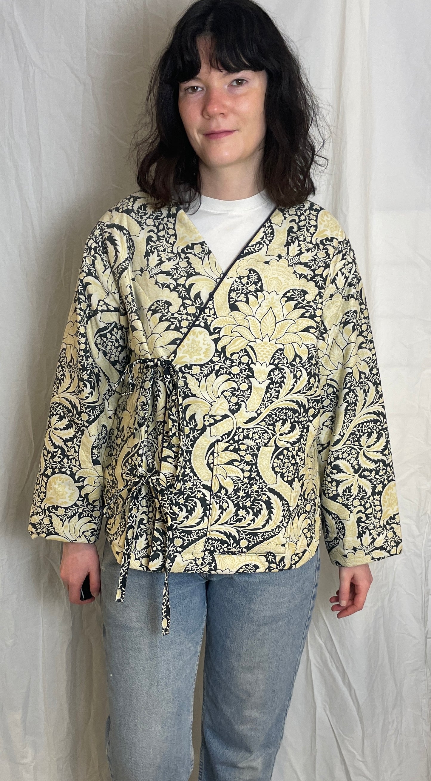 Zoe Handmade Navy Blue and Yellow Floral Wrap Front Quilted Jacket - Up To Size 14