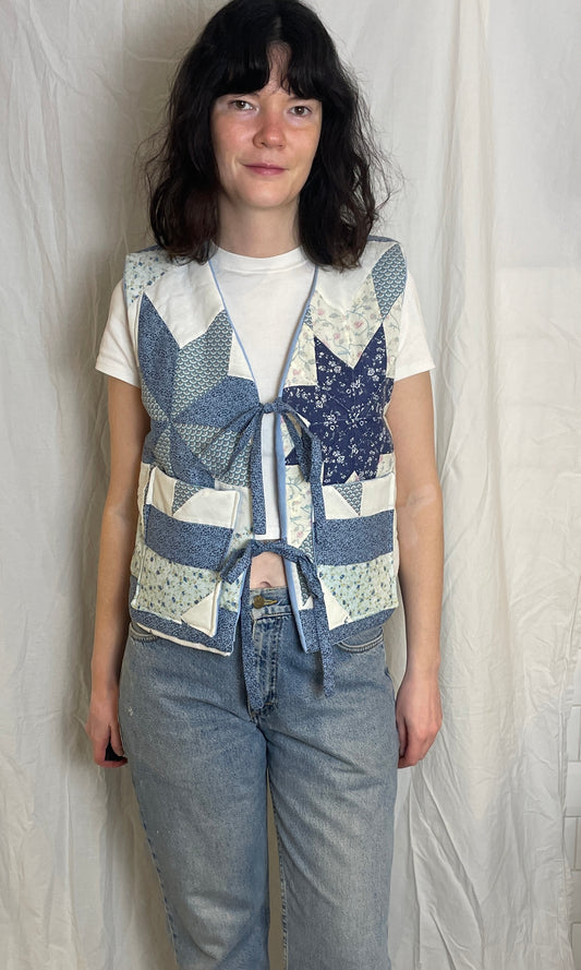 Handmade Blue Floral Tie Front Quilted Vest Gilet - Size 10
