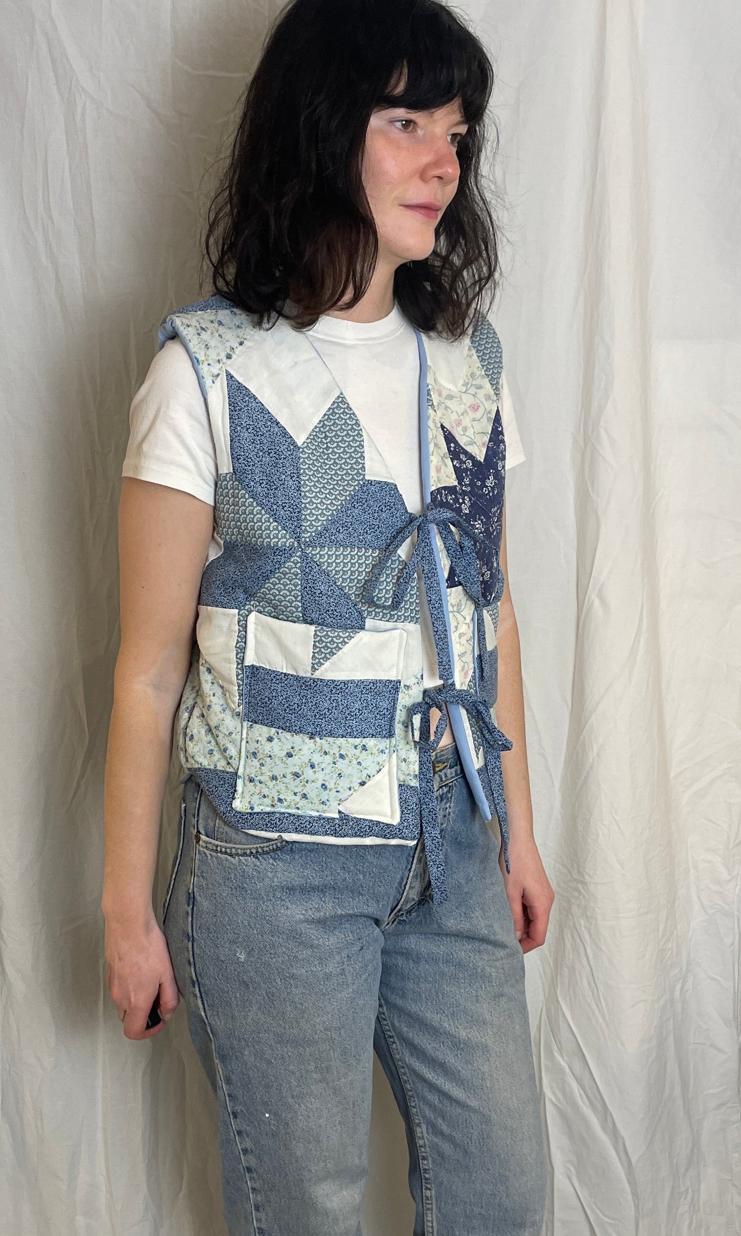 Handmade Blue Floral Tie Front Quilted Vest Gilet - Size 10