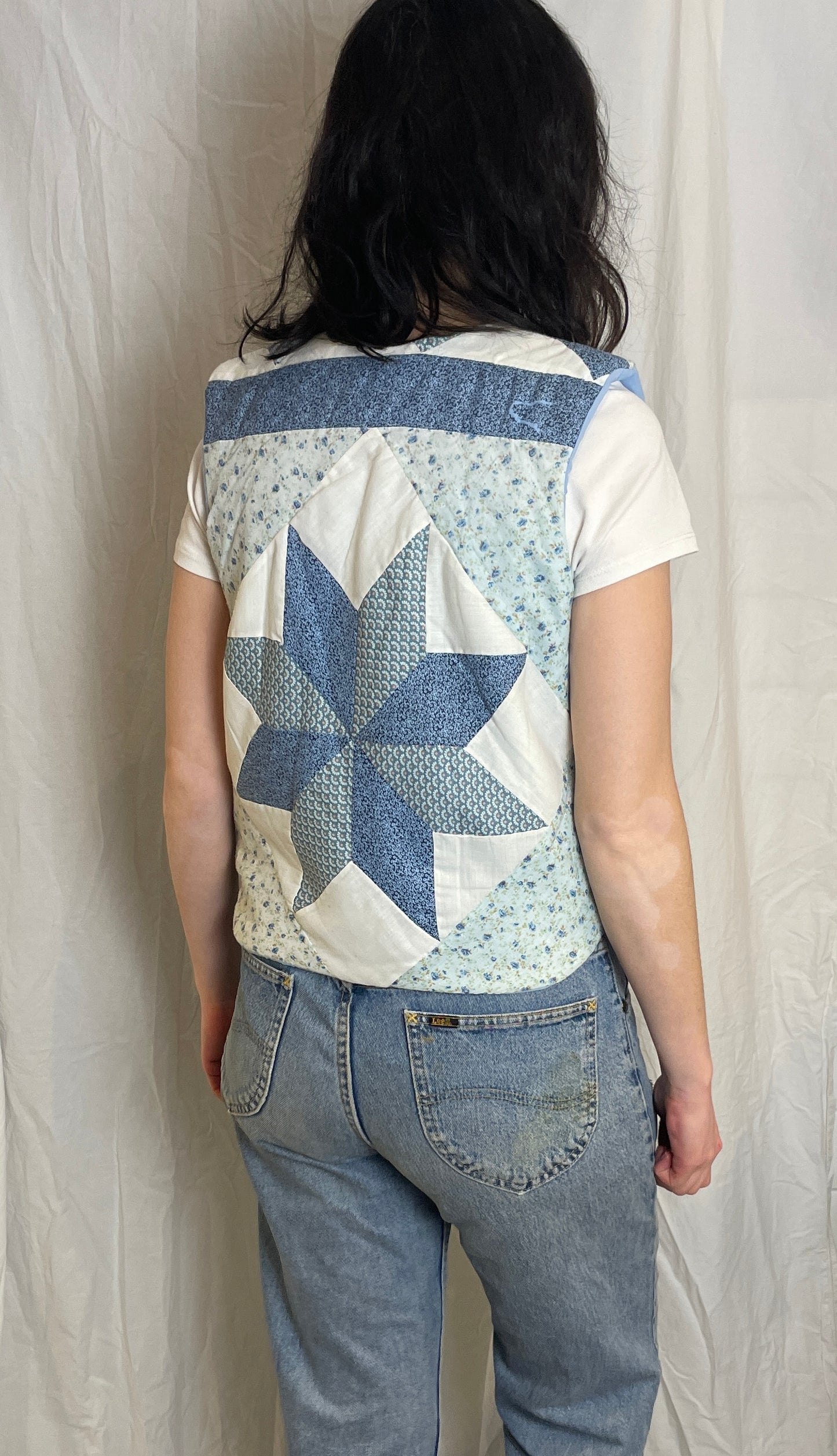 Handmade Blue Floral Tie Front Quilted Vest Gilet - Size 10