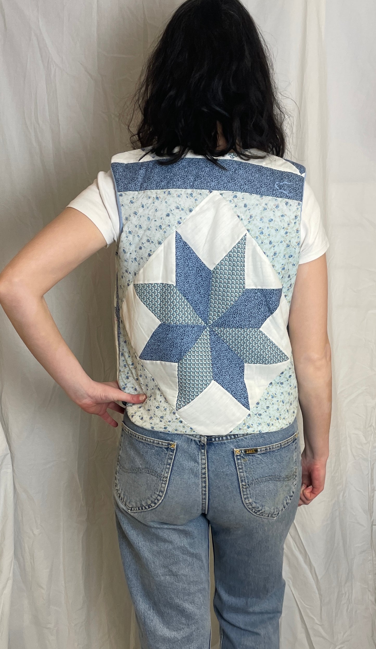 Handmade Blue Floral Tie Front Quilted Vest Gilet - Size 10