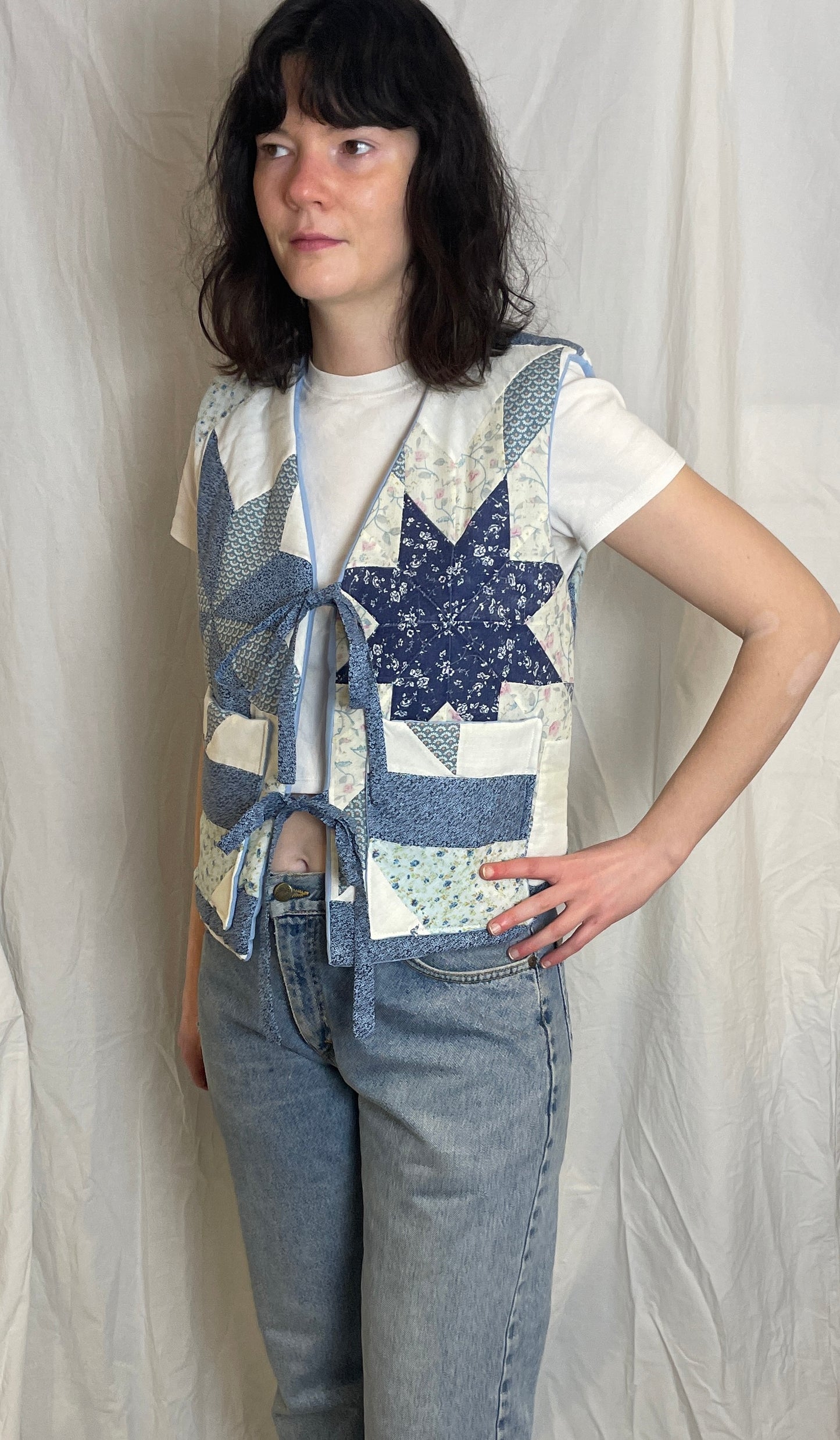 Handmade Blue Floral Tie Front Quilted Vest Gilet - Size 10