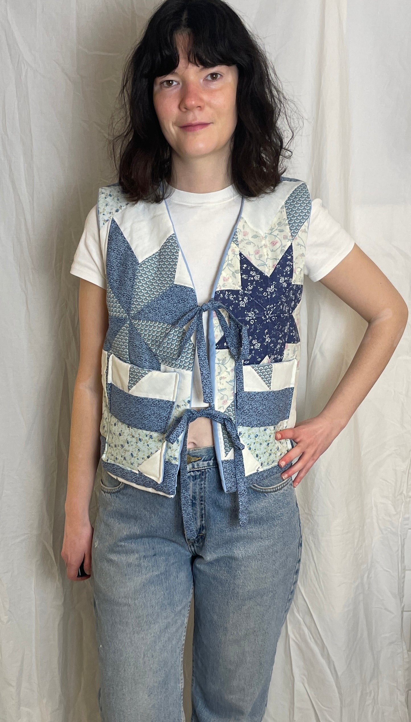 Handmade Blue Floral Tie Front Quilted Vest Gilet - Size 10