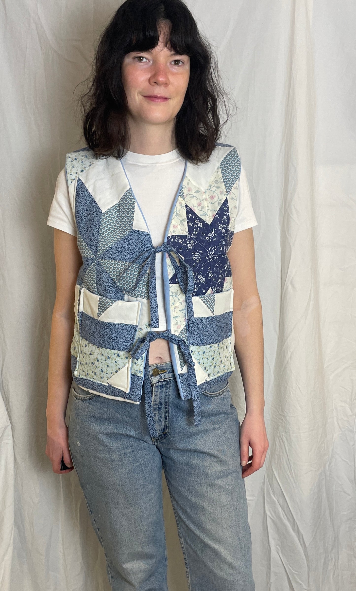 Handmade Blue Floral Tie Front Quilted Vest Gilet - Size 10