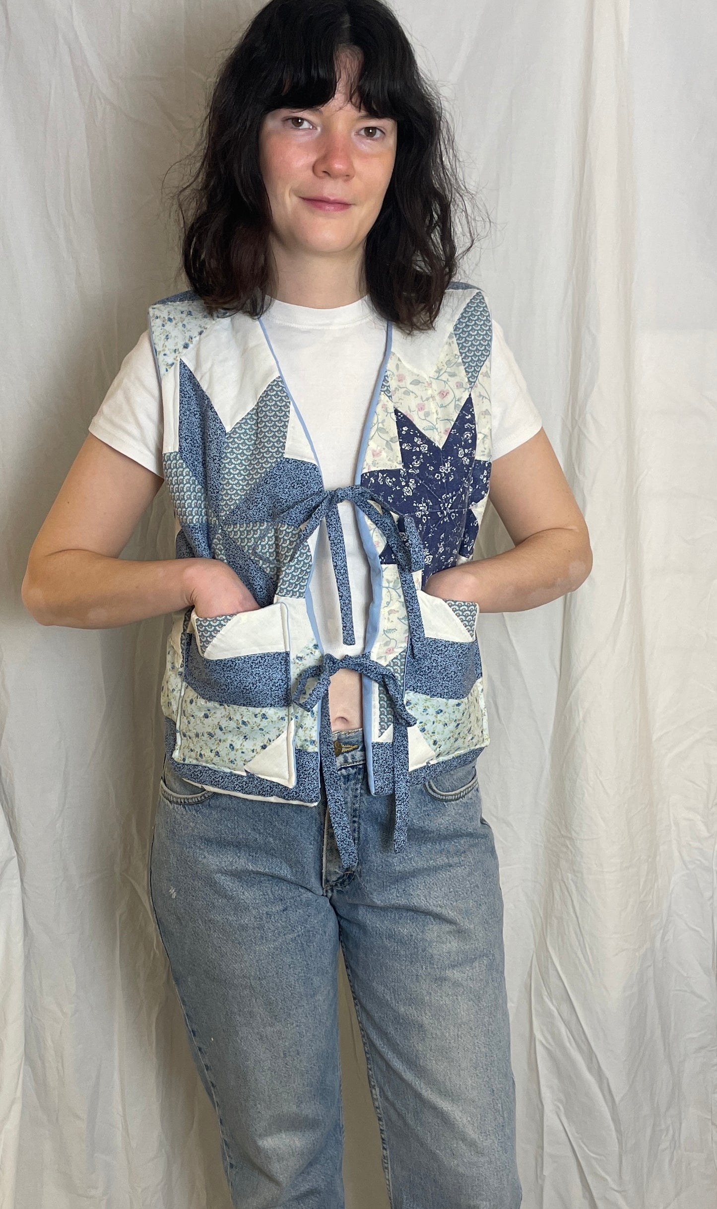 Handmade Blue Floral Tie Front Quilted Vest Gilet - Size 10