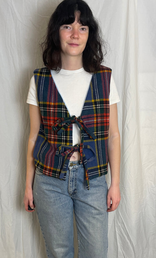 Handmade Blue Tartan Wool Tie Front Vest Top - Size 12