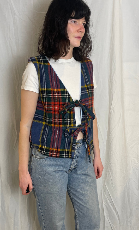 Handmade Blue Tartan Wool Tie Front Vest Top - Size 12