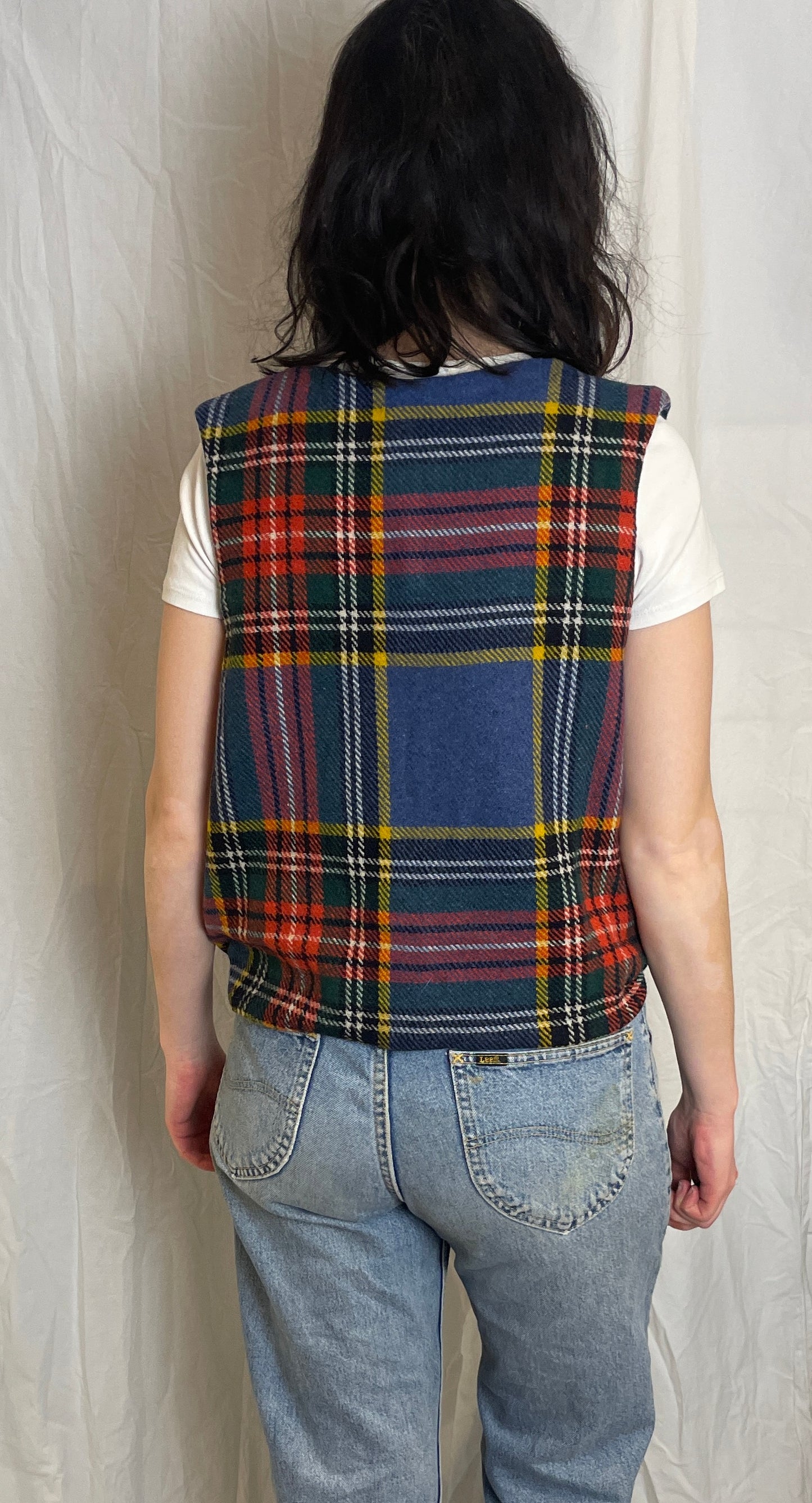Handmade Blue Tartan Wool Tie Front Vest Top - Size 12