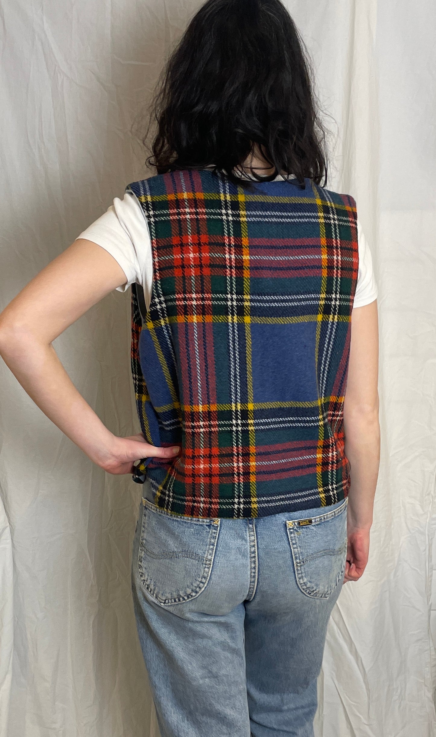 Handmade Blue Tartan Wool Tie Front Vest Top - Size 12