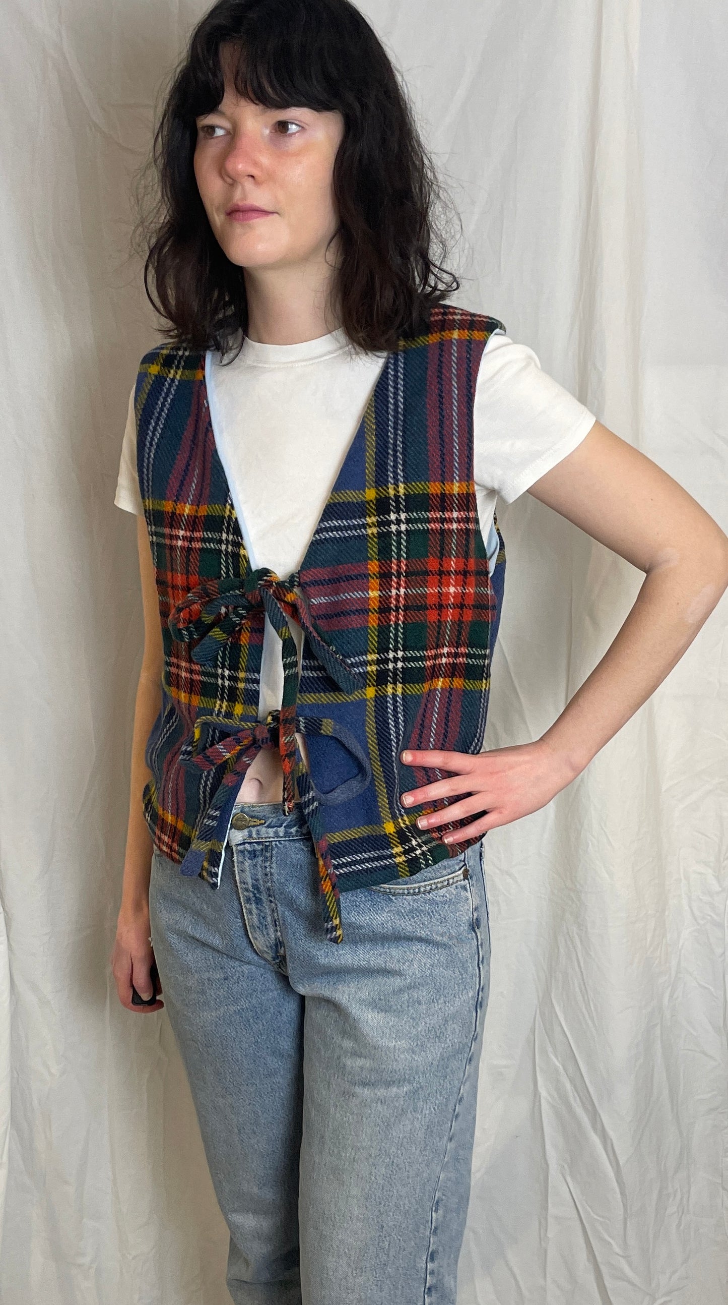 Handmade Blue Tartan Wool Tie Front Vest Top - Size 12
