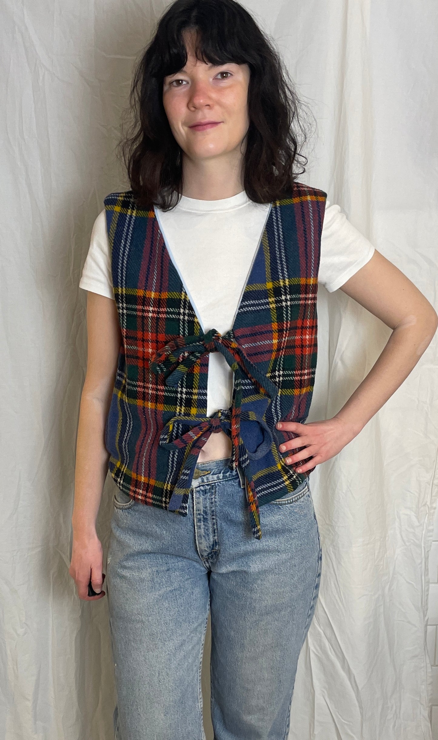 Handmade Blue Tartan Wool Tie Front Vest Top - Size 12