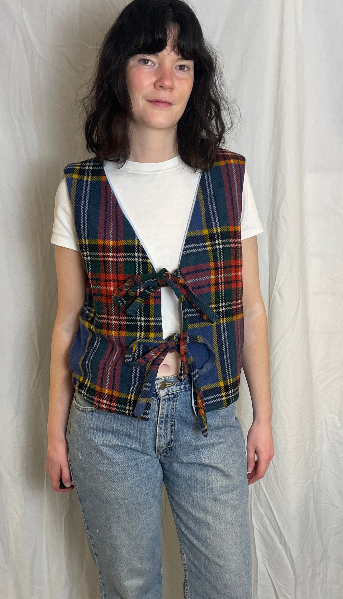 Handmade Blue Tartan Wool Tie Front Vest Top - Size 12