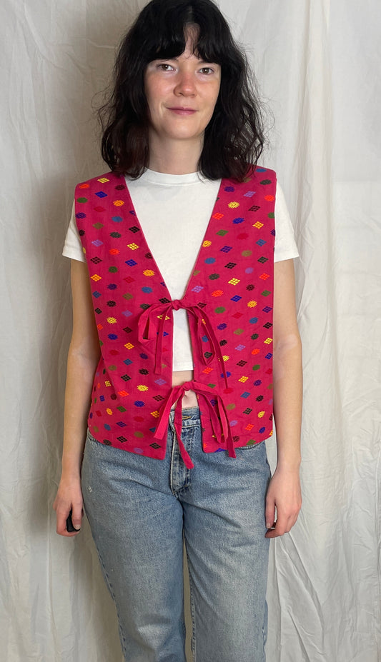 Handmade Pink Geometric Embroidered Tie Front Vest Top - Size 14