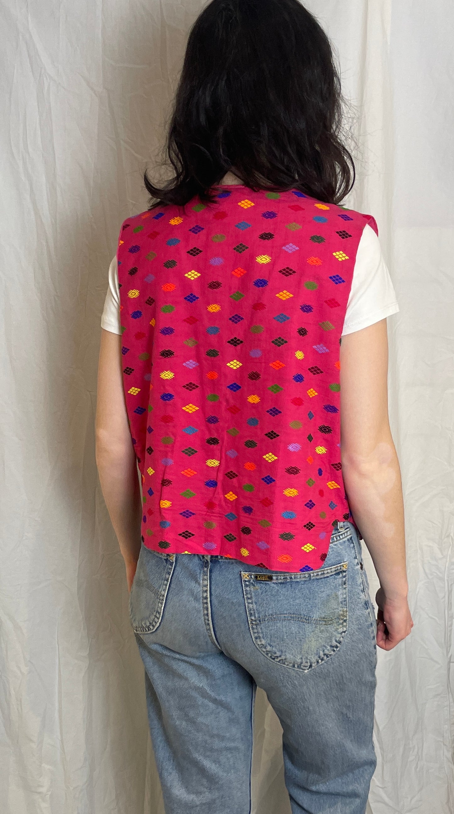 Handmade Pink Geometric Embroidered Tie Front Vest Top - Size 14