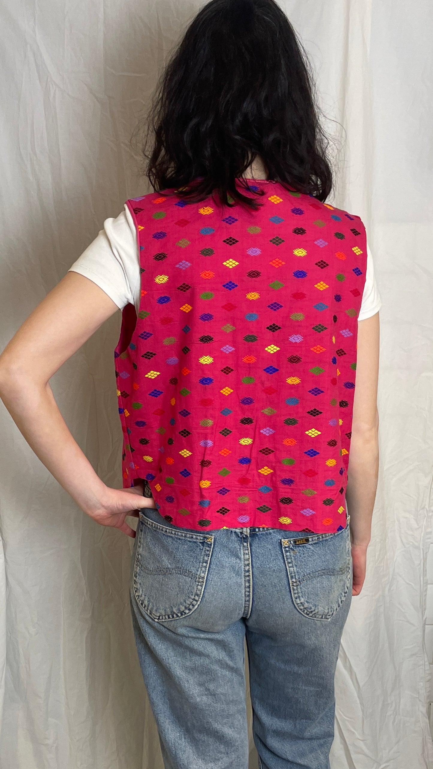 Handmade Pink Geometric Embroidered Tie Front Vest Top - Size 14