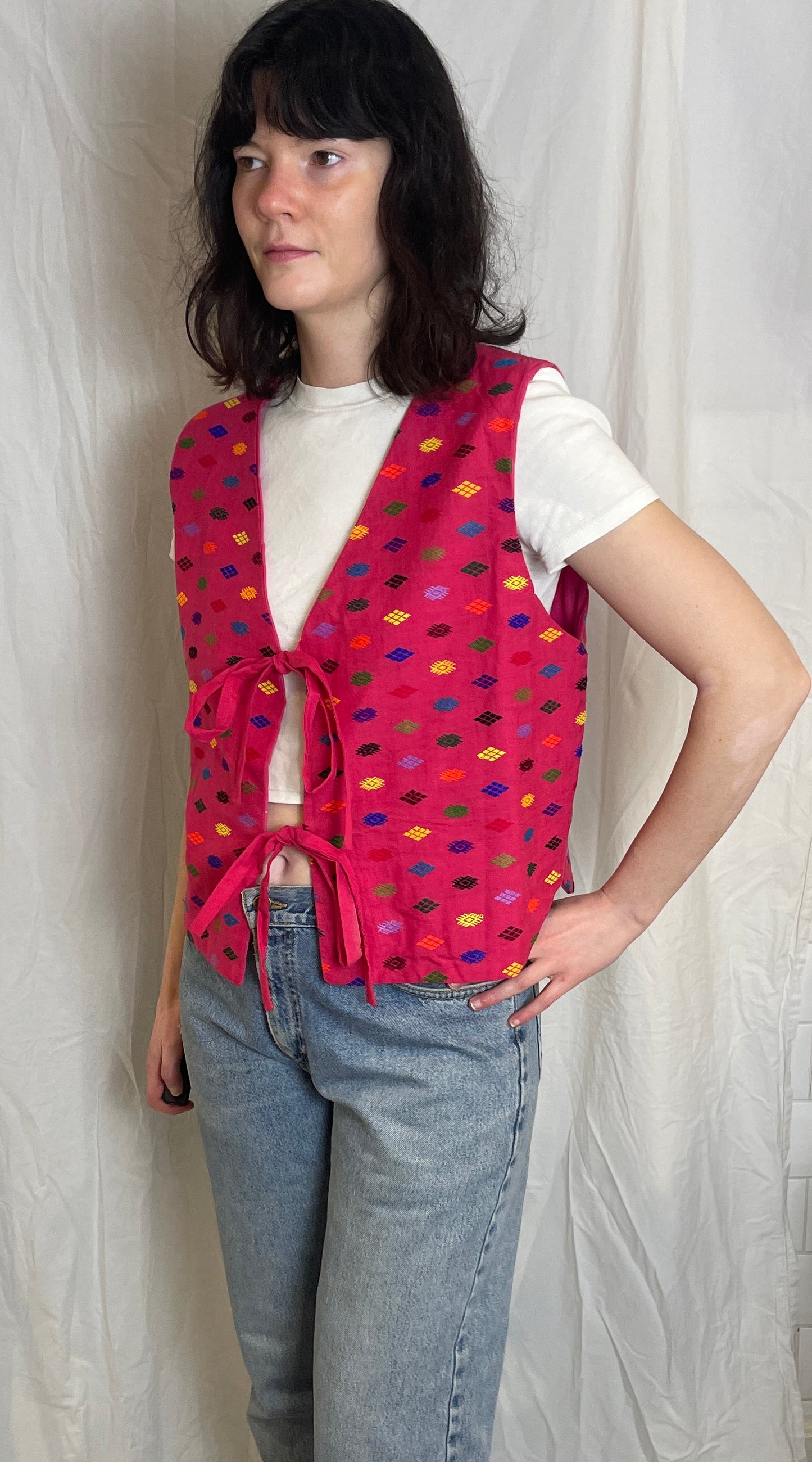 Handmade Pink Geometric Embroidered Tie Front Vest Top - Size 14