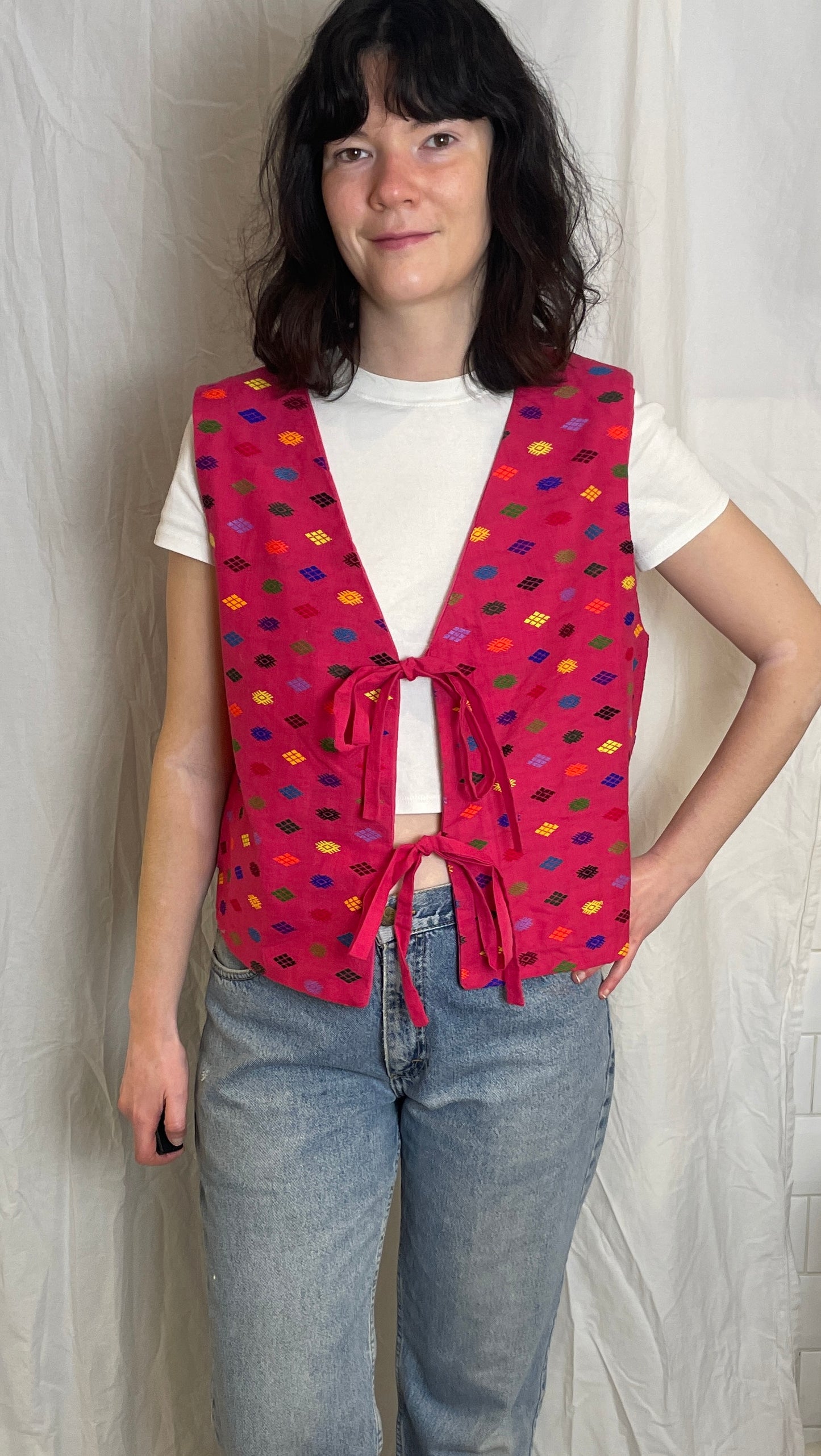 Handmade Pink Geometric Embroidered Tie Front Vest Top - Size 14