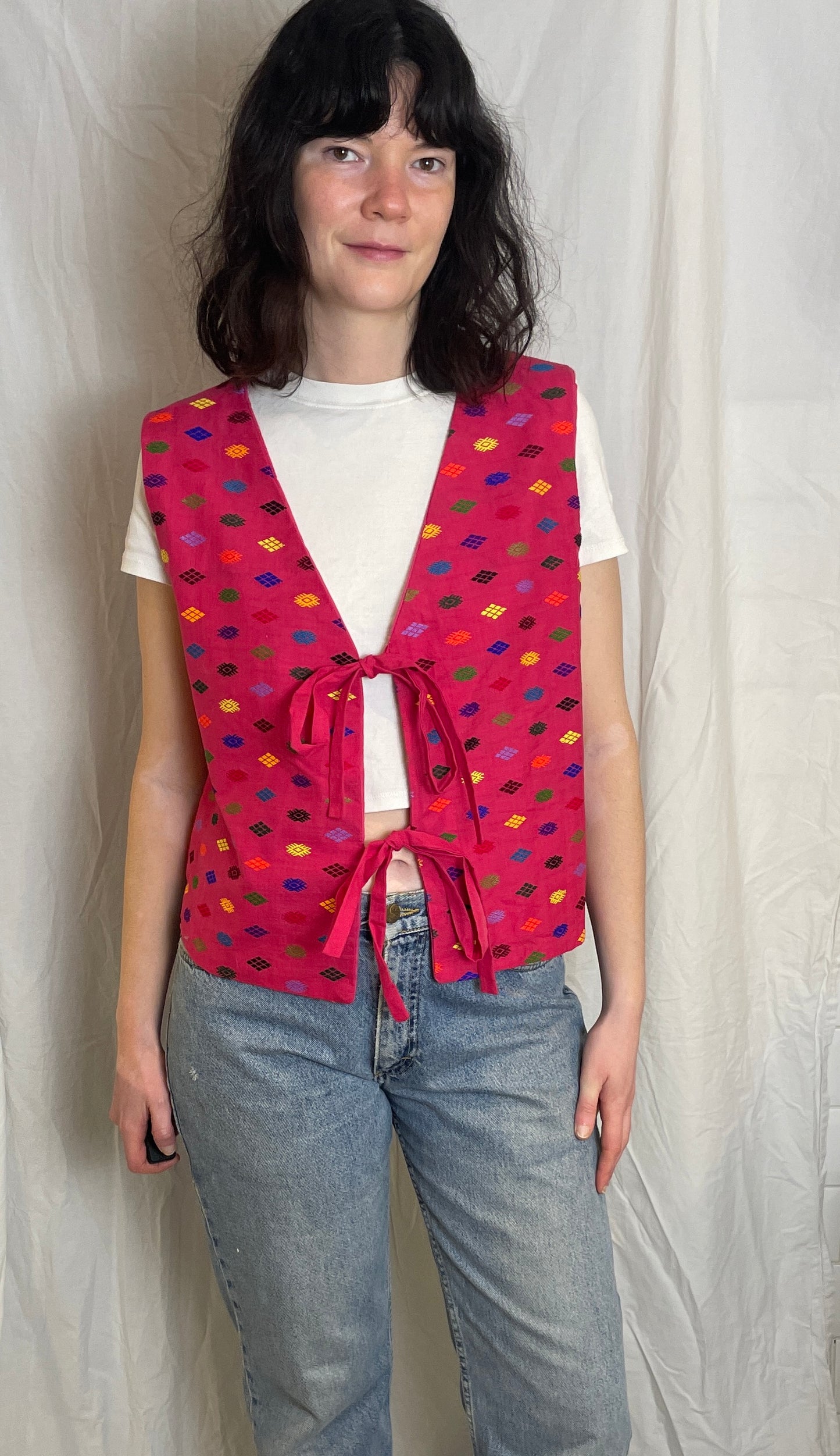 Handmade Pink Geometric Embroidered Tie Front Vest Top - Size 14
