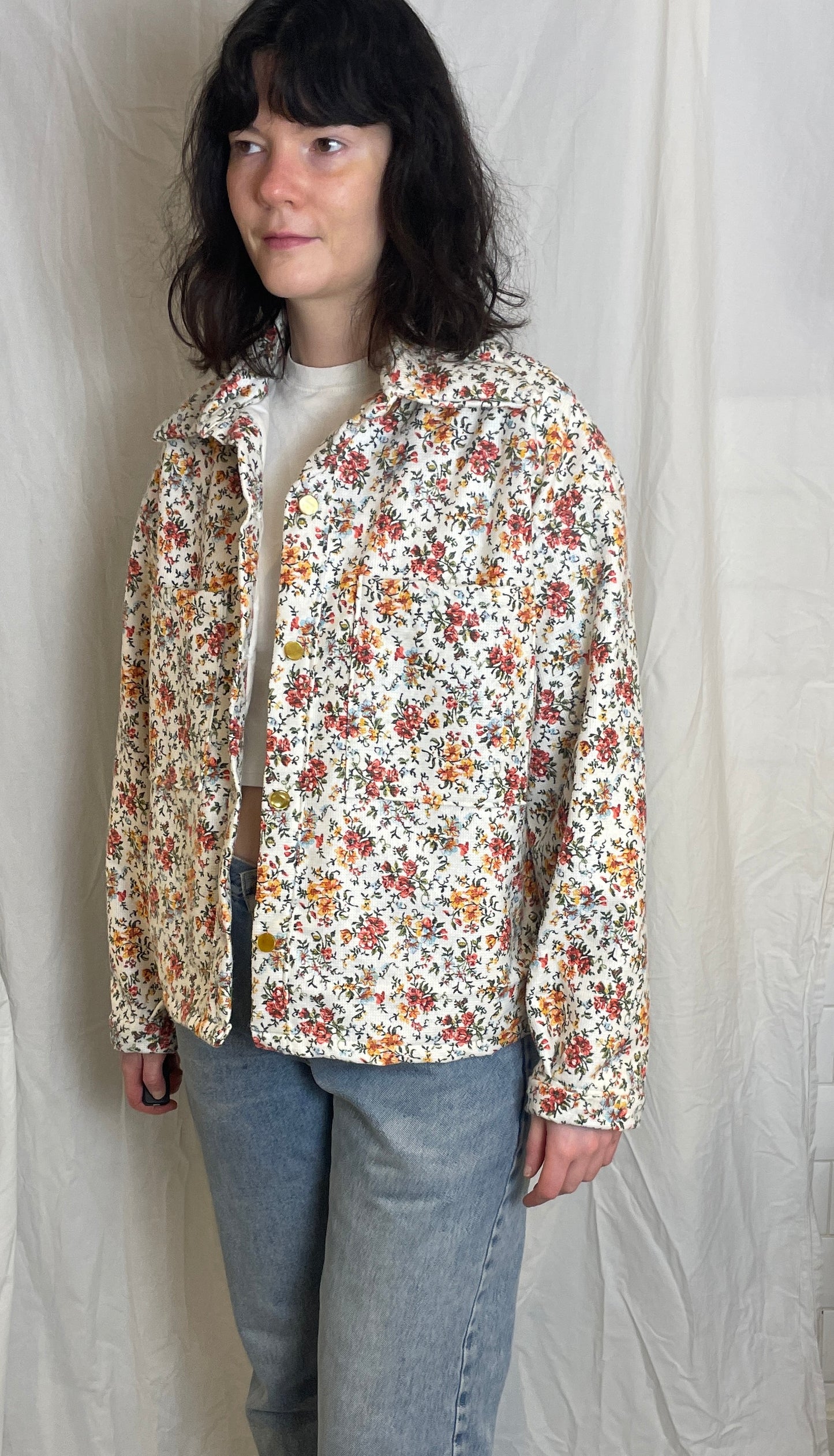 Handmade Pink Ditsy Floral Barkcloth Shirt Jacket - Size 14