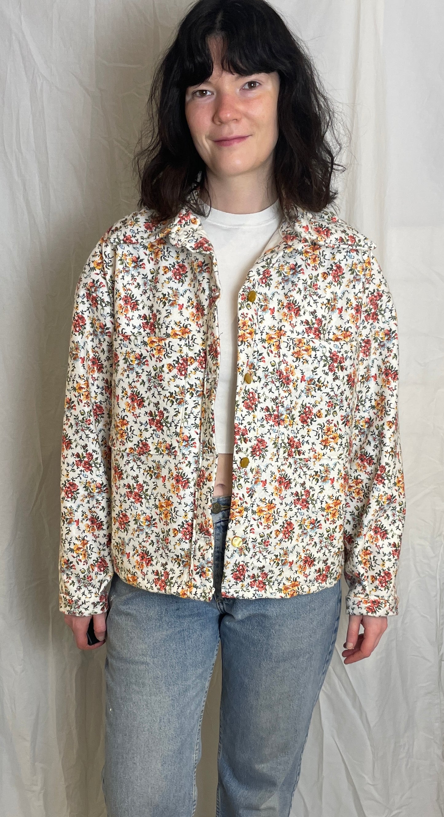 Handmade Pink Ditsy Floral Barkcloth Shirt Jacket - Size 14