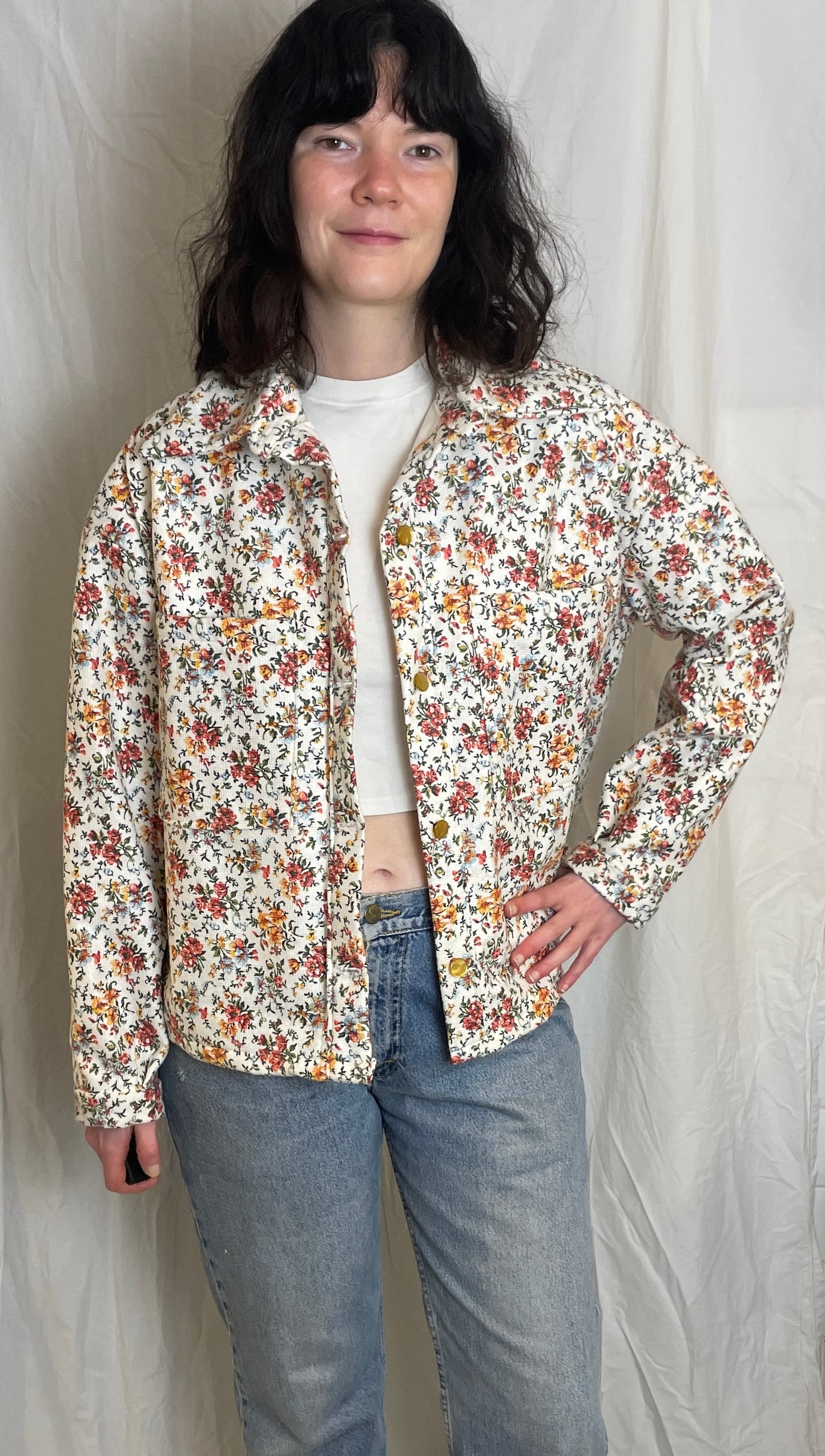 Handmade Pink Ditsy Floral Barkcloth Shirt Jacket - Size 14