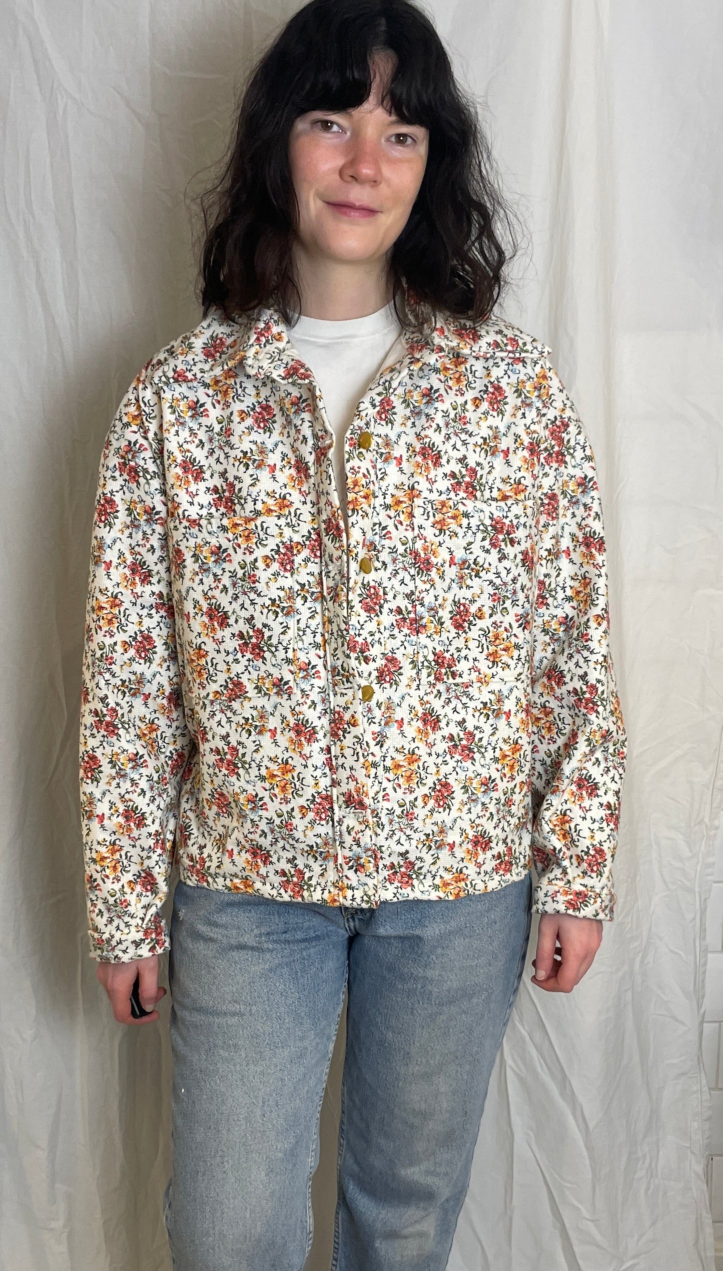 Handmade Pink Ditsy Floral Barkcloth Shirt Jacket - Size 14