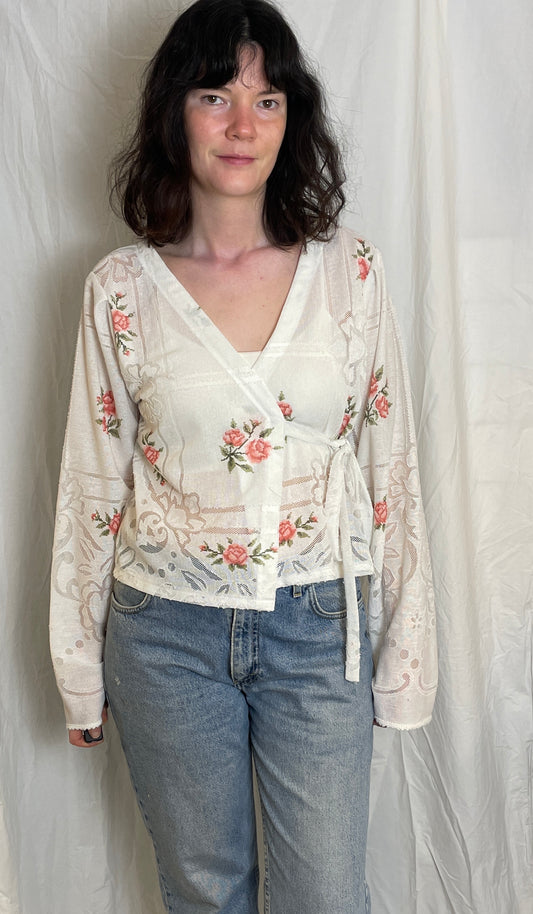 Handmade White and Pink Floral Lace Wrap Top - Size 12