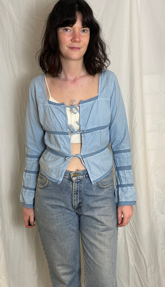 Vintage Y2K Pale Blue Tie Front Lace Trim Puff Sleeve Top - Up To Size 10