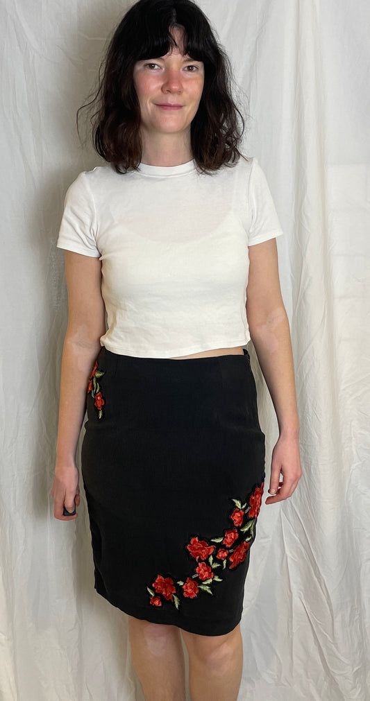 Vintage 90s Karen Millen Black Silk Midi Skirt with Red Floral Embroidery - Size 12