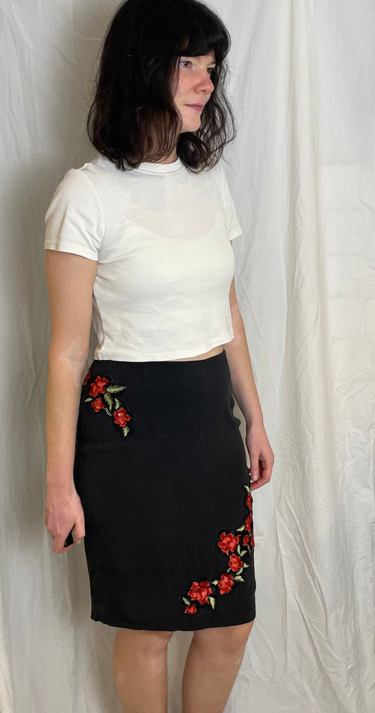 Vintage 90s Karen Millen Black Silk Midi Skirt with Red Floral Embroidery - Size 12