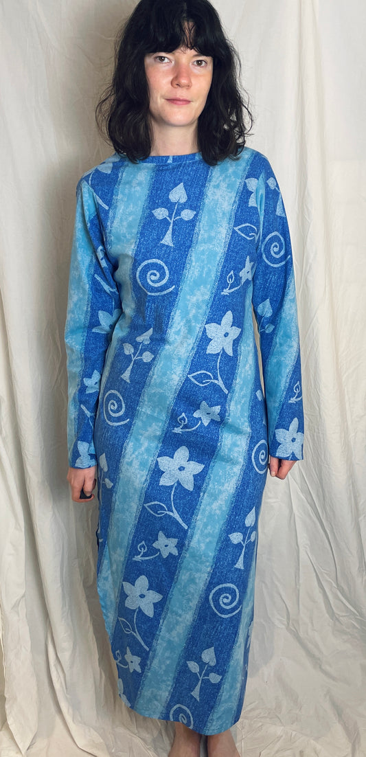 Handmade Blue Floral Bias Cut Tie Back Maxi Dress - Size 12