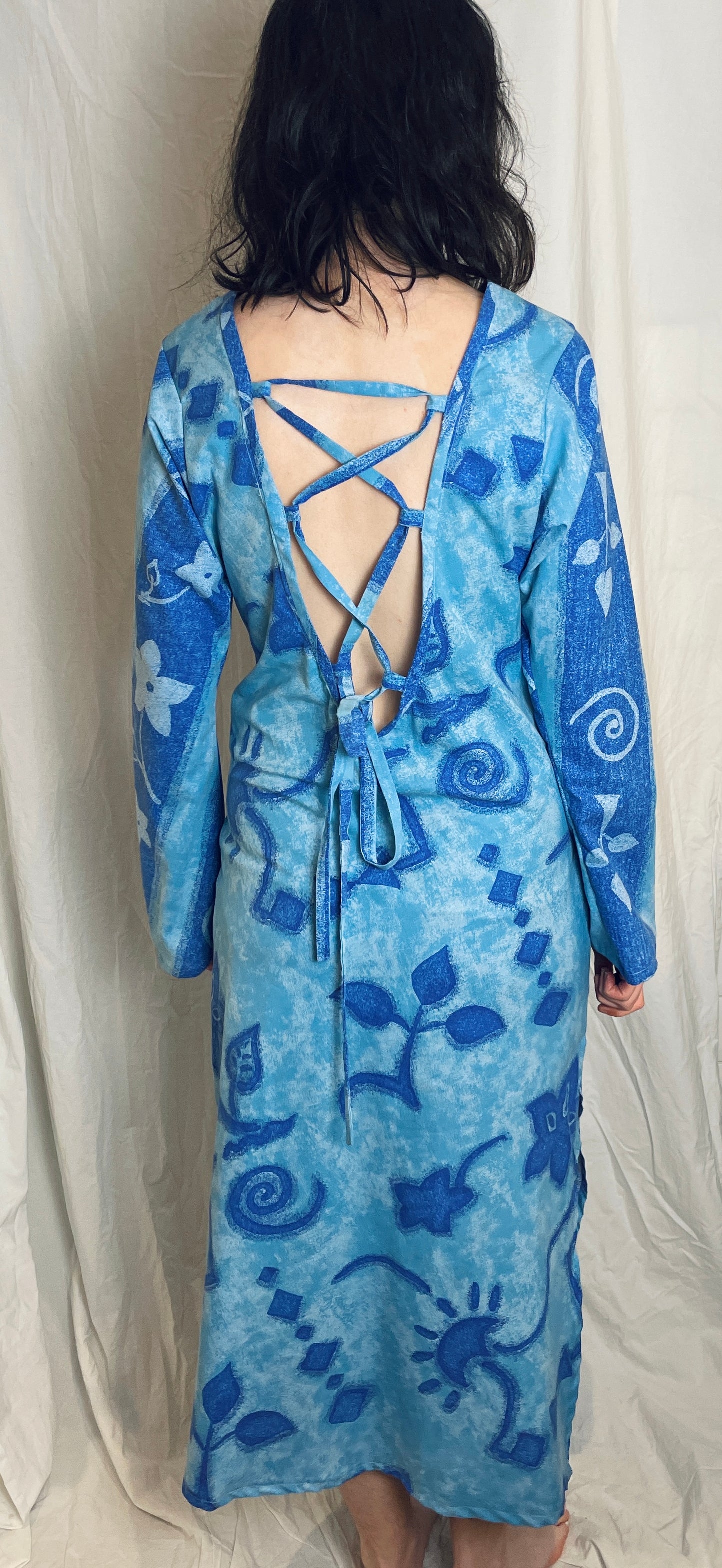 Handmade Blue Floral Bias Cut Tie Back Maxi Dress - Size 12