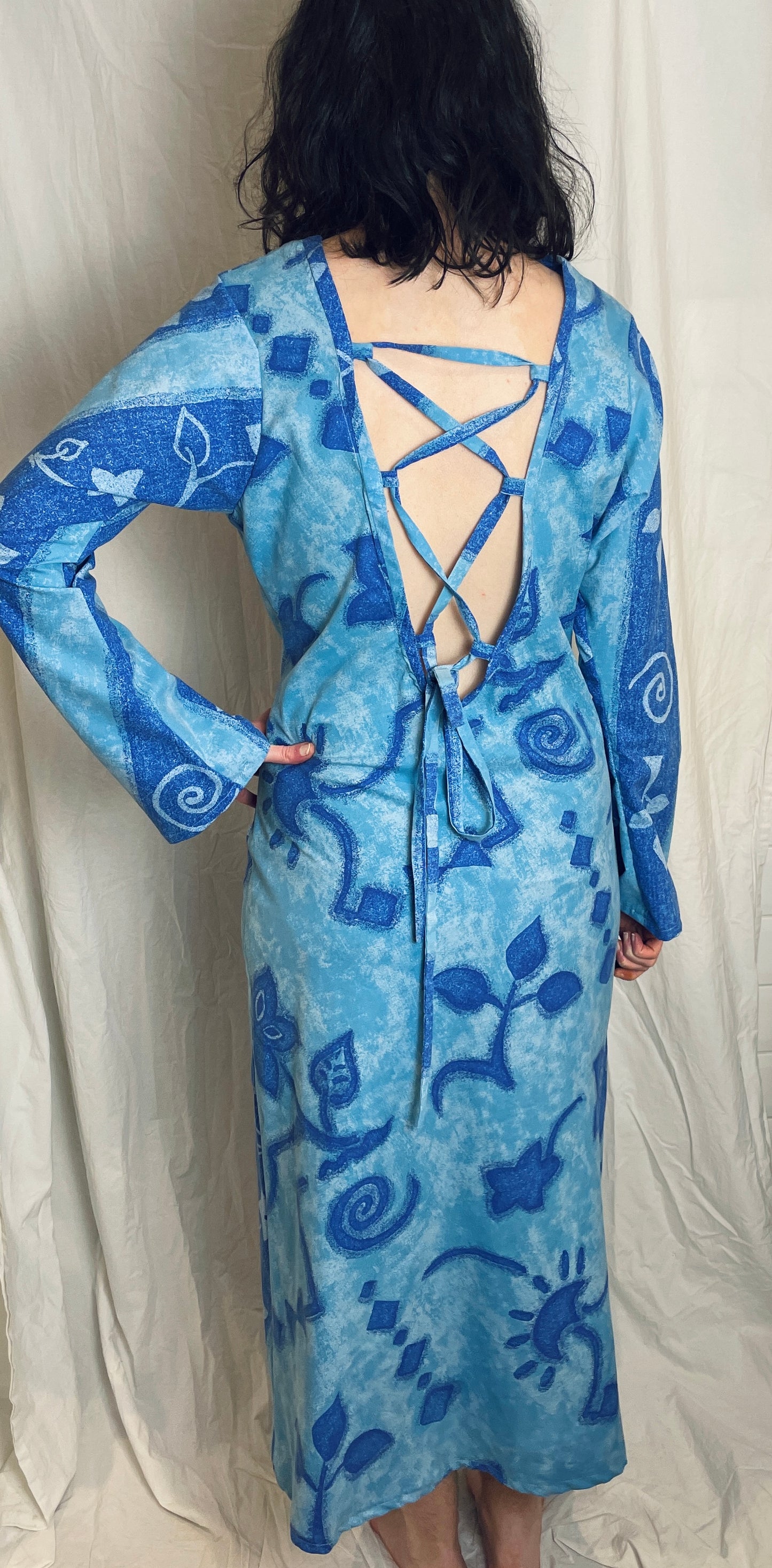 Handmade Blue Floral Bias Cut Tie Back Maxi Dress - Size 12