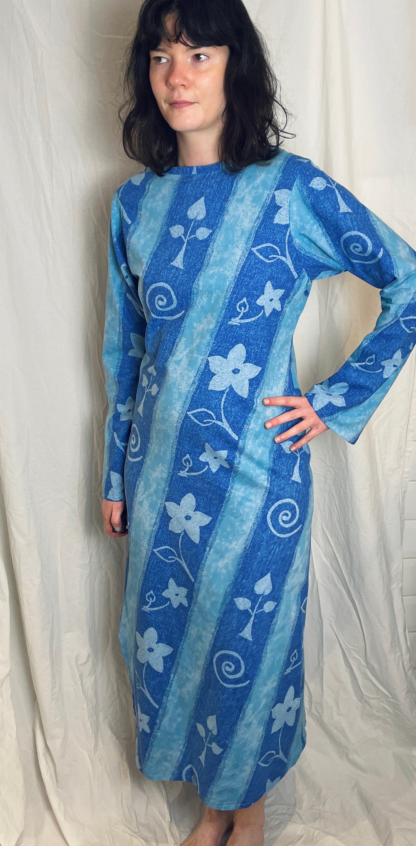 Handmade Blue Floral Bias Cut Tie Back Maxi Dress - Size 12