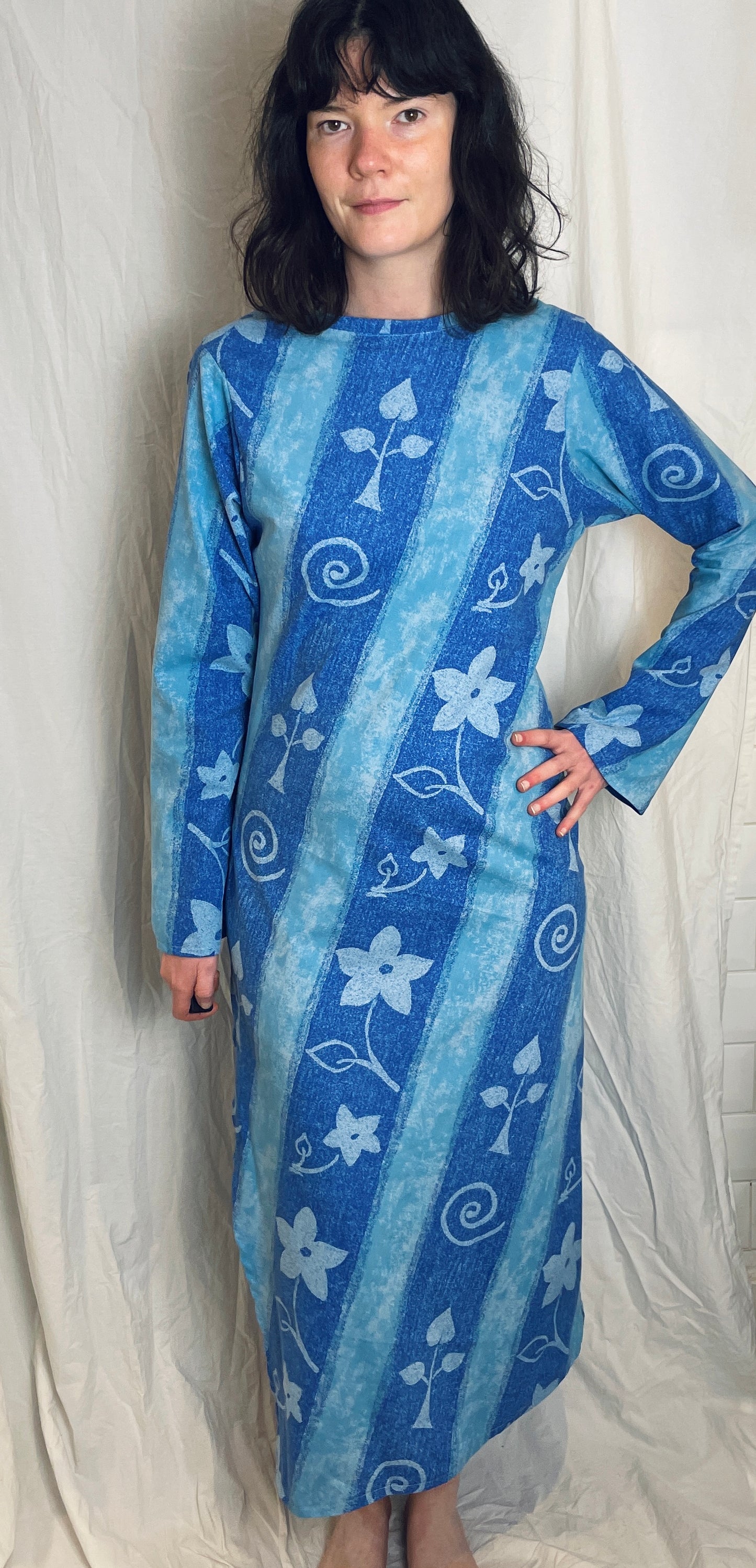 Handmade Blue Floral Bias Cut Tie Back Maxi Dress - Size 12