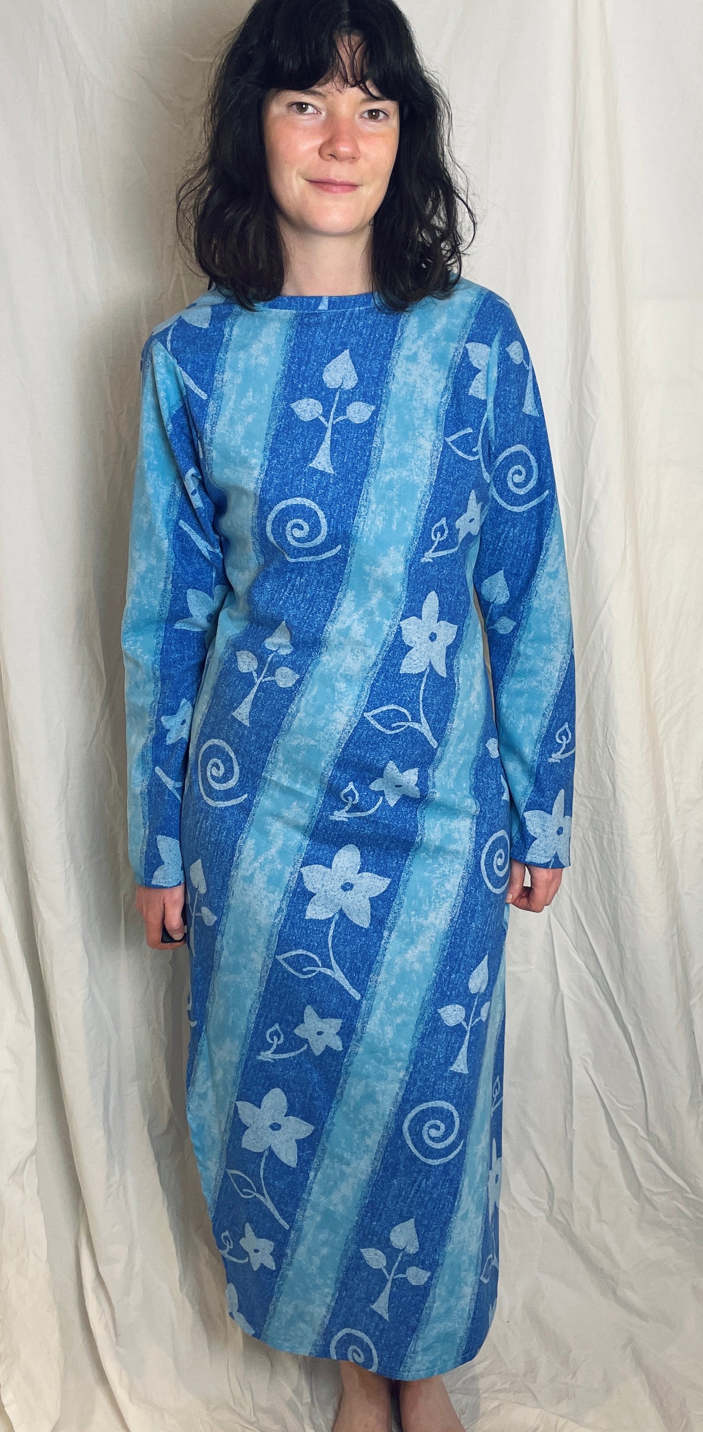 Handmade Blue Floral Bias Cut Tie Back Maxi Dress - Size 12