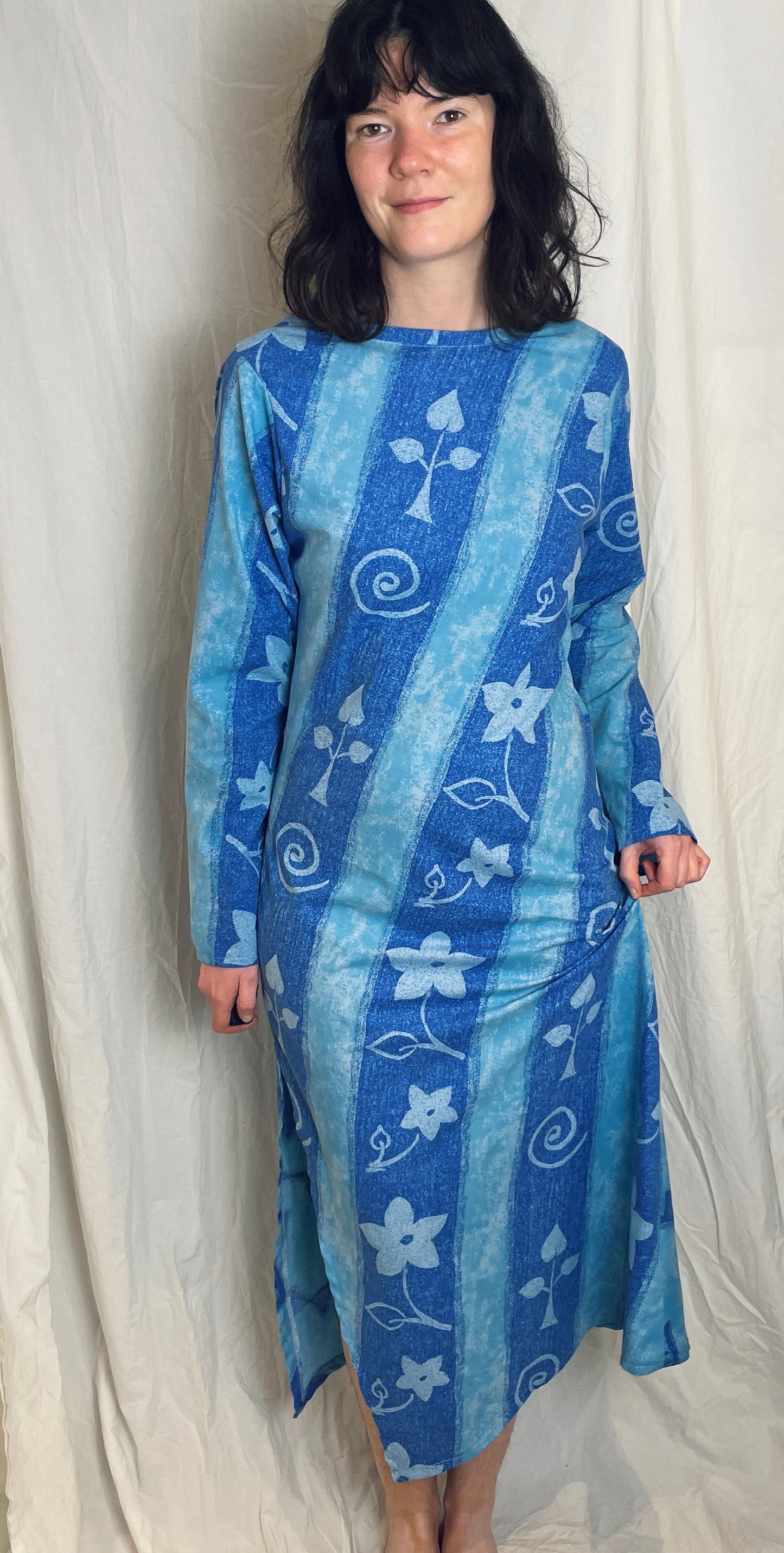 Handmade Blue Floral Bias Cut Tie Back Maxi Dress - Size 12